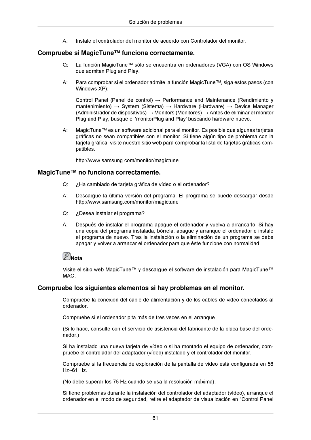 Samsung LS23MYZABC/EDC manual Compruebe si MagicTune funciona correctamente, MagicTune no funciona correctamente 