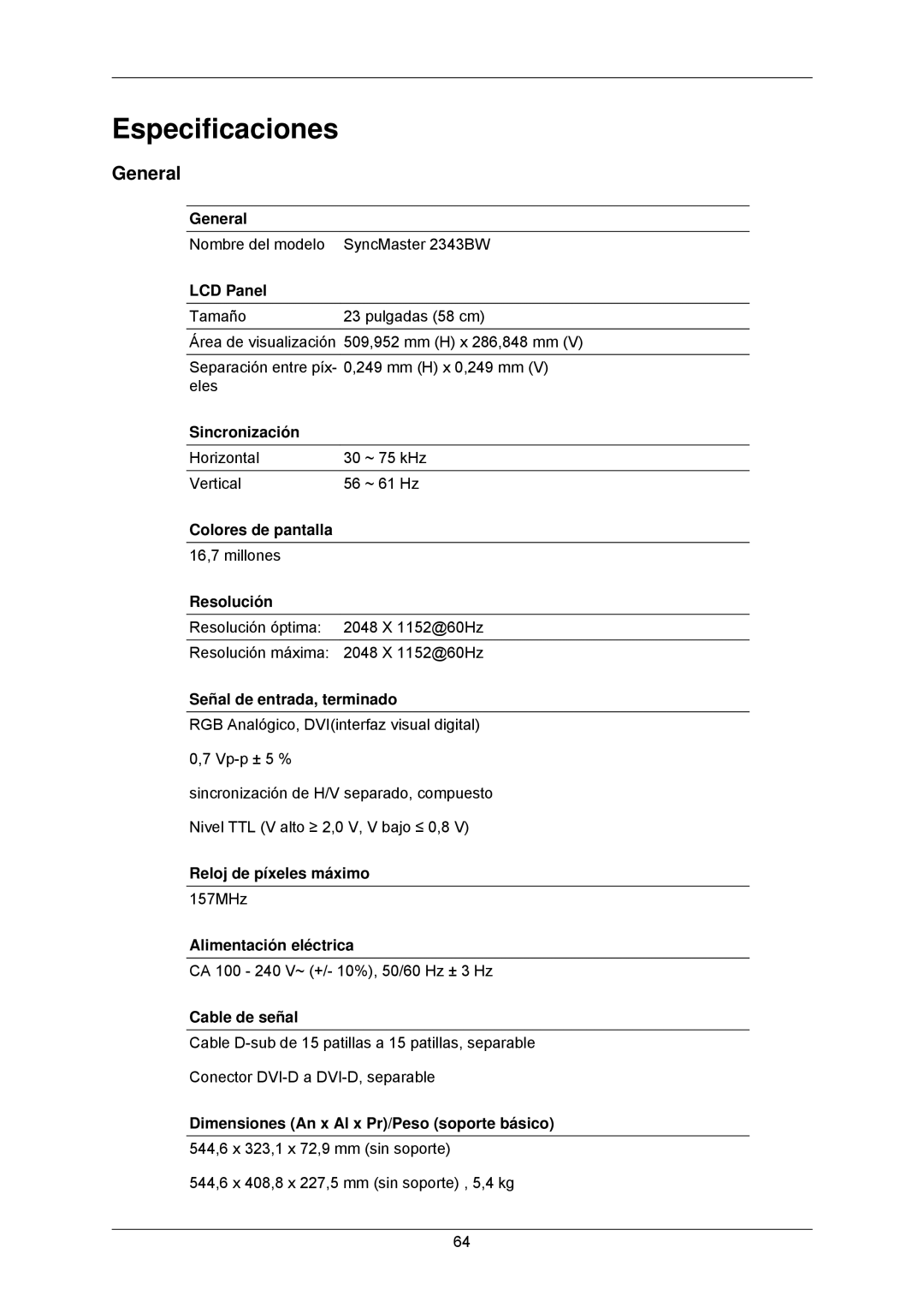 Samsung LS23MYZABC/EDC manual Especificaciones, General 