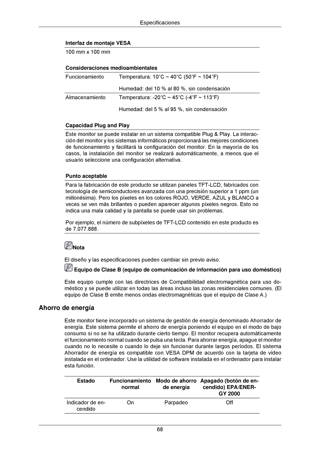 Samsung LS23MYZABC/EDC manual Interfaz de montaje Vesa, Indicador de en Parpadeo Off Cendido 