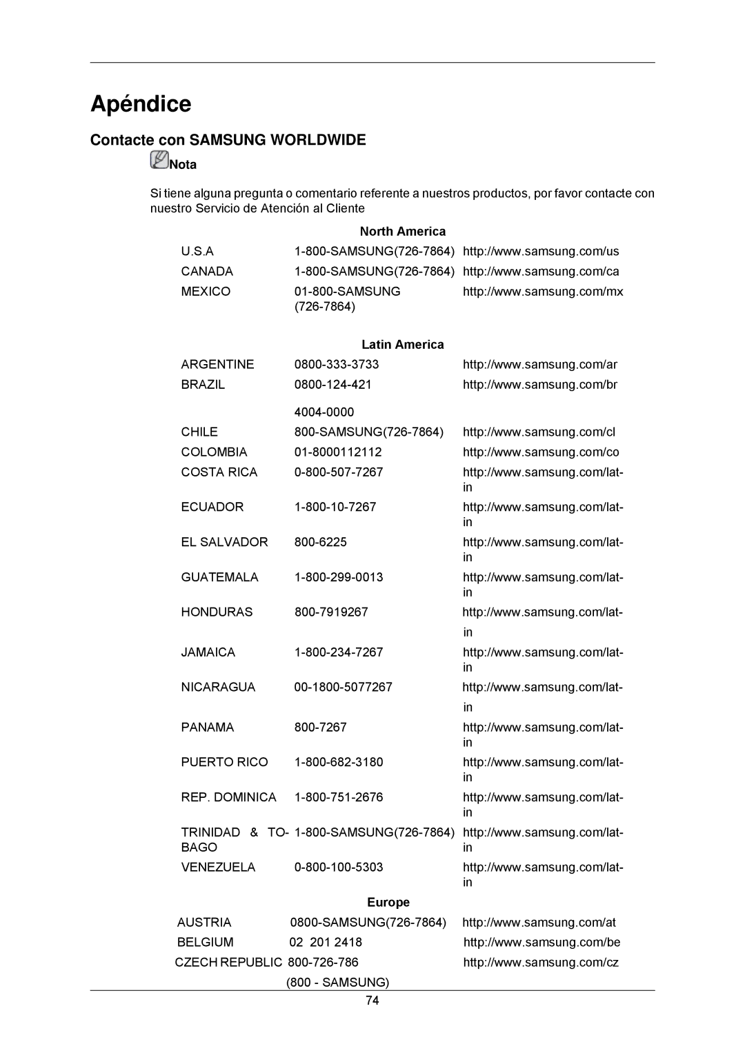 Samsung LS23MYZABC/EDC manual Apéndice, Contacte con Samsung Worldwide, North America, Latin America, Europe 