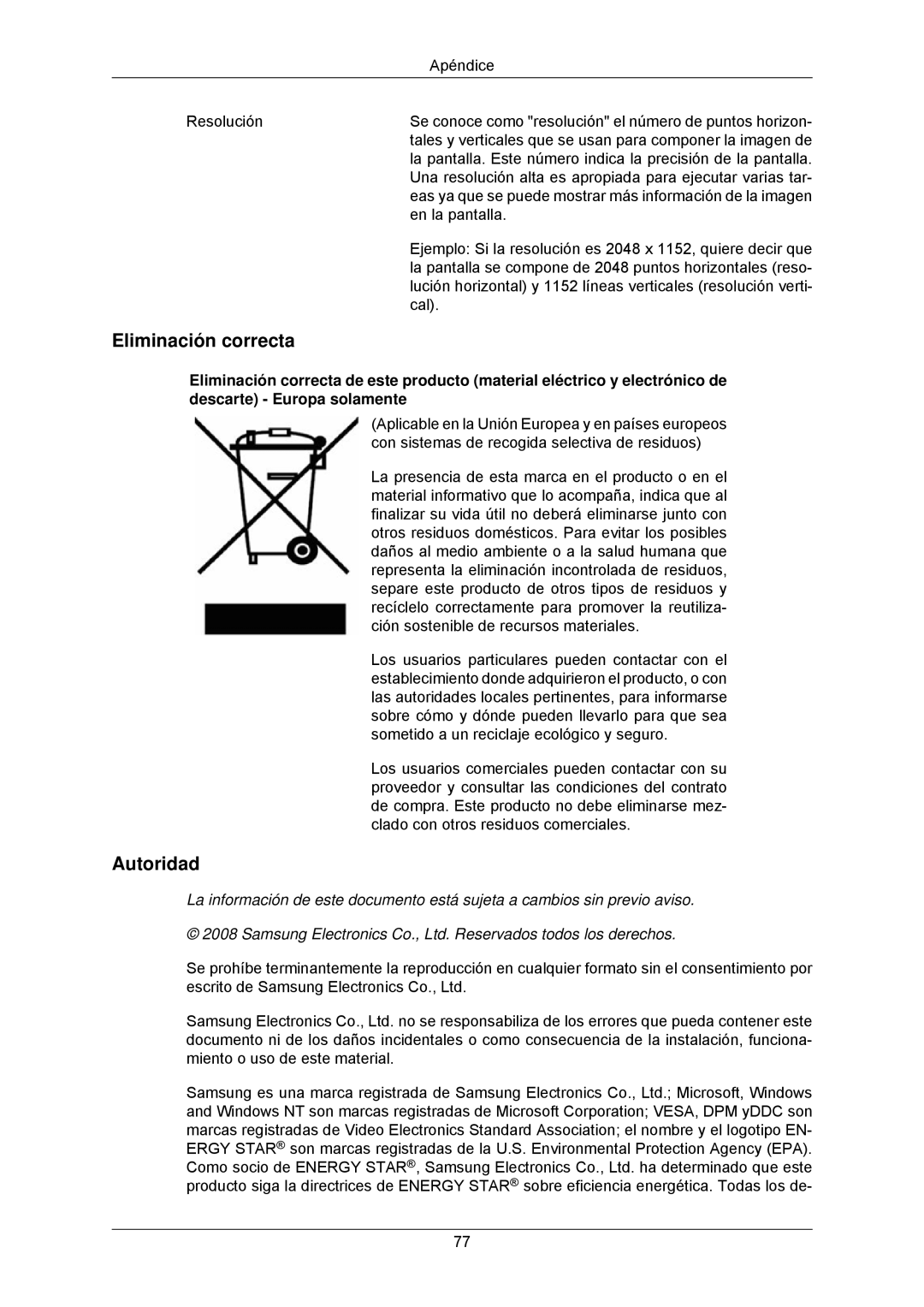 Samsung LS23MYZABC/EDC manual Eliminación correcta, Autoridad 