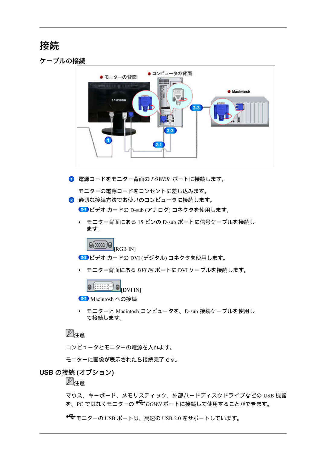 Samsung LS23MYZKBQ/XSJ manual ケーブルの接続, Usb の接続 オプション, Macintosh への接続 