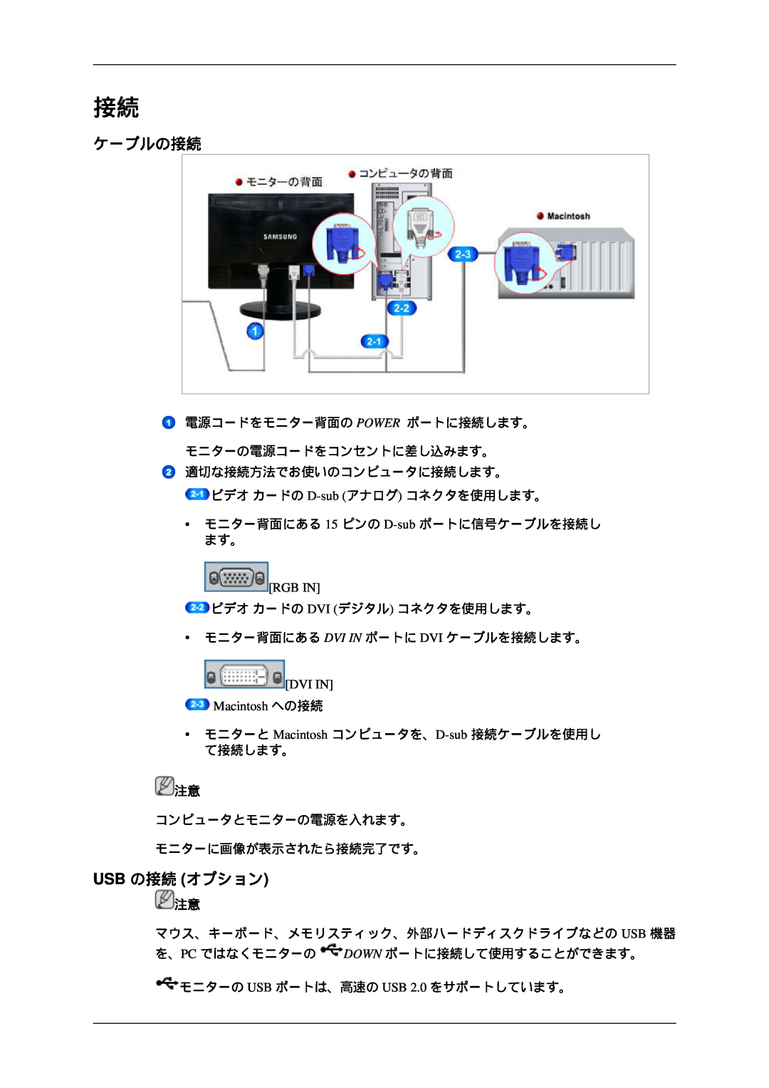 Samsung LS23MYZKBQ/XSJ manual ケーブルの接続, Usb の接続 オプション 
