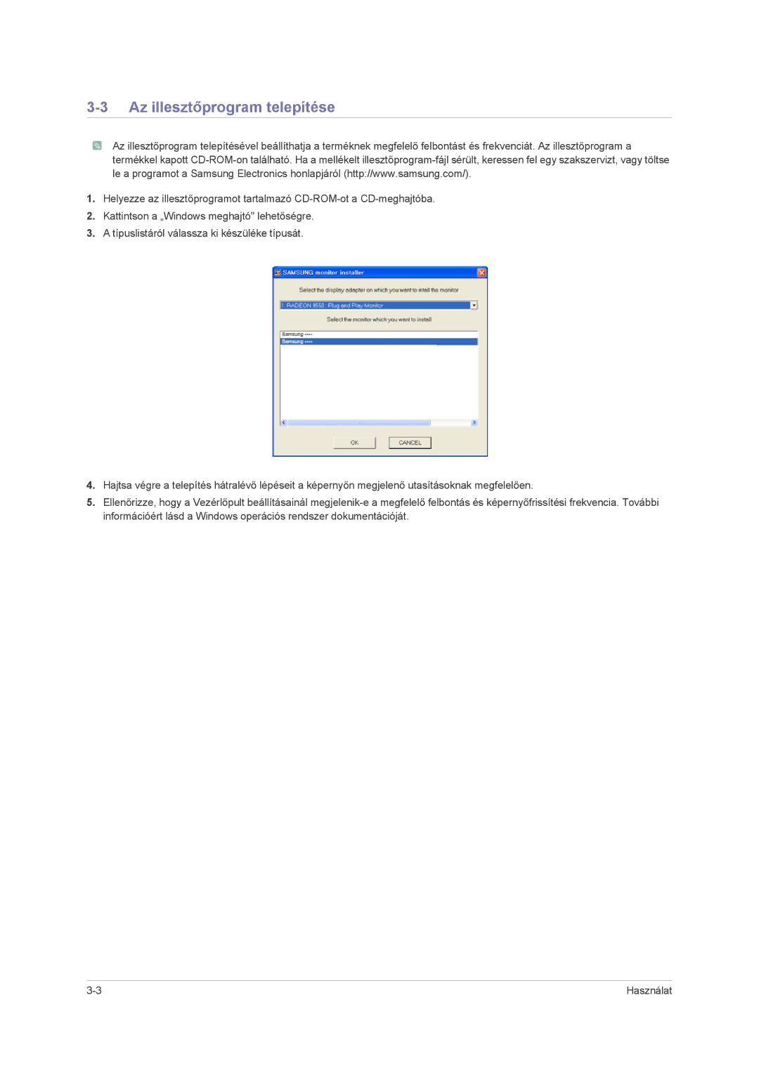 Samsung LS23NVMAB5/EN, LS23NVMAH5SEN, LS23NVMABW/ZA manual Az illesztőprogram telepítése 