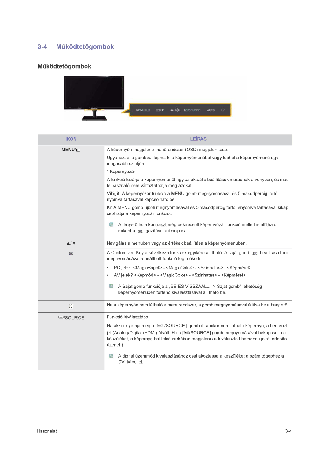 Samsung LS23NVMAH5SEN, LS23NVMAB5/EN manual Működtetőgombok, Ikon Leírás, Képernyőn megjelenő menürendszer OSD megjelenítése 