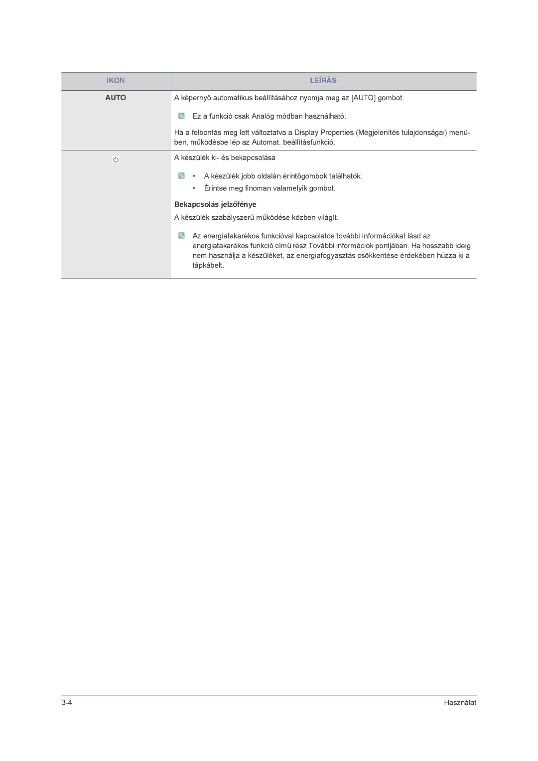 Samsung LS23NVMABW/ZA, LS23NVMAB5/EN, LS23NVMAH5SEN manual Auto, Bekapcsolás jelzőfénye 