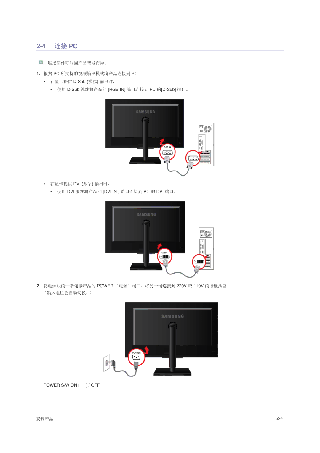 Samsung LS23NVMAB5/EN, LS23NVMAH5SEN, LS23NVMABW/ZA manual 连接 Pc, 在显卡提供 Dvi 数字 输出时， 