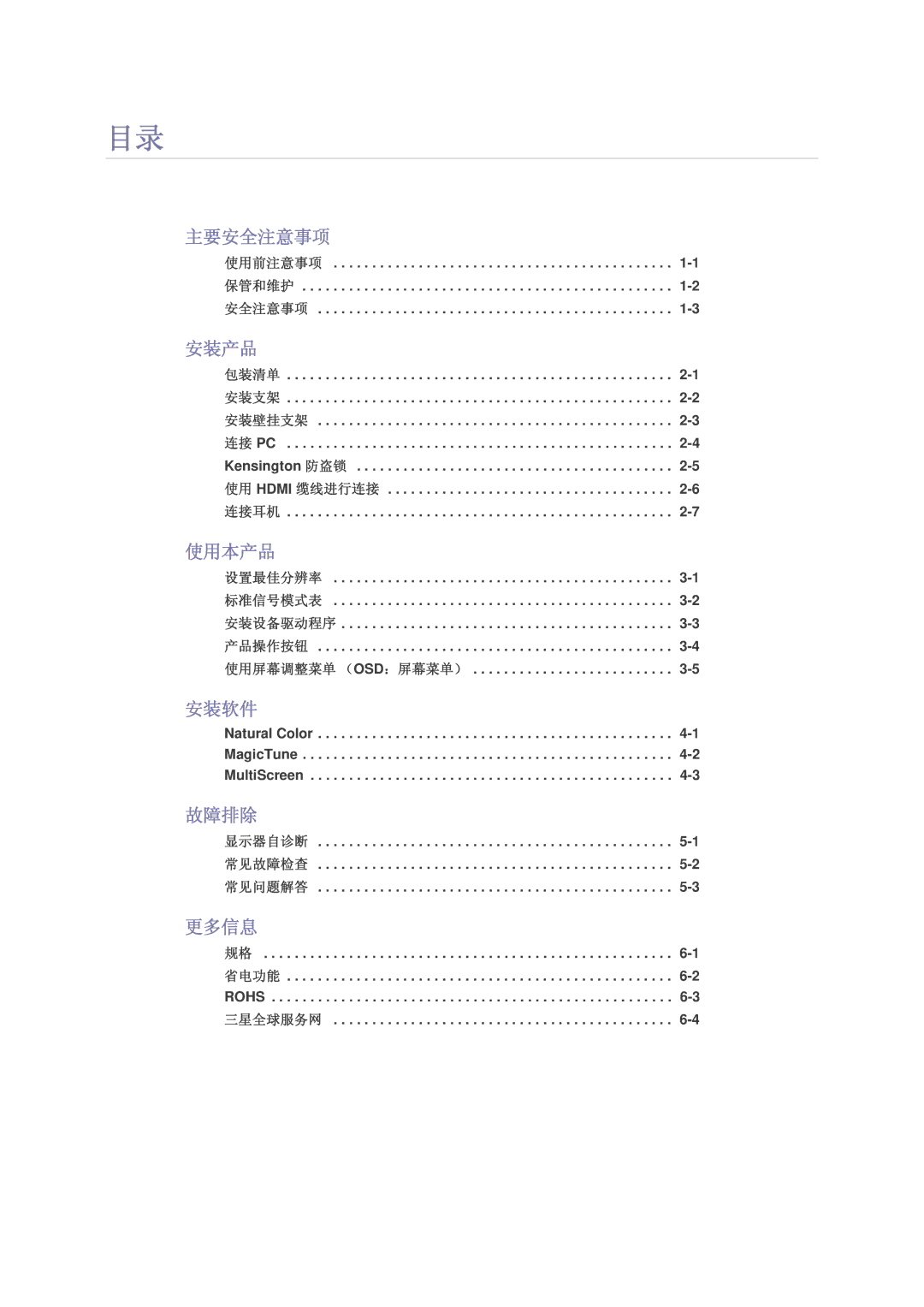 Samsung LS23NVMABW/ZA, LS23NVMAB5/EN, LS23NVMAH5SEN manual 主要安全注意事项, 安装产品, 使用本产品, 安装软件, 故障排除, 更多信息 