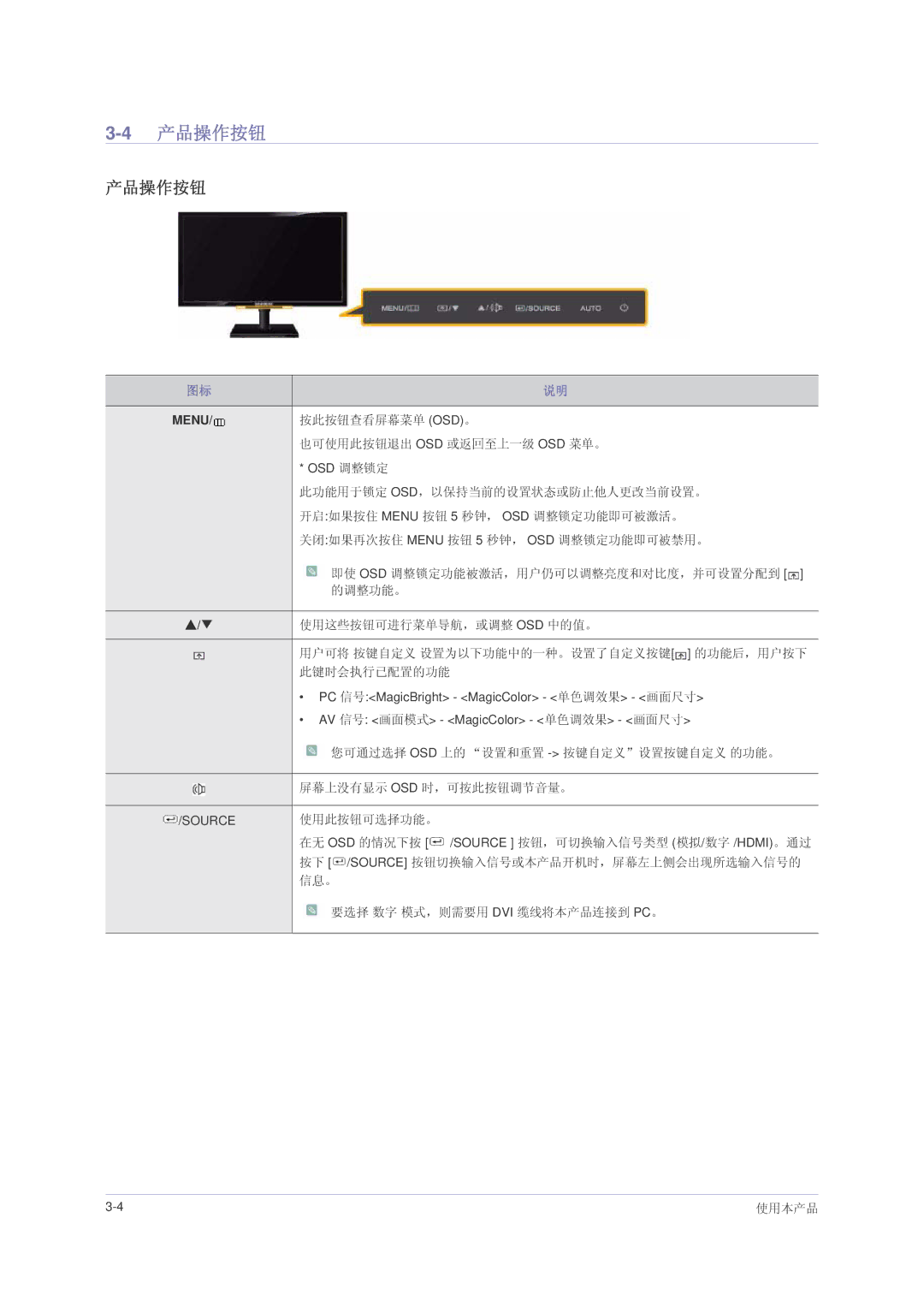 Samsung LS23NVMAB5/EN, LS23NVMAH5SEN, LS23NVMABW/ZA manual 4产品操作按钮 