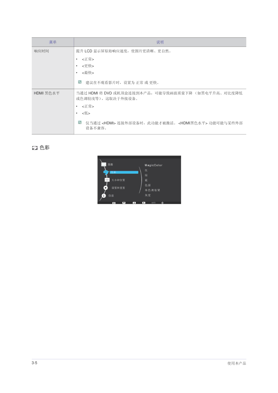 Samsung LS23NVMAH5SEN, LS23NVMAB5/EN 响应时间 提升 Lcd 显示屏原始响应速度，使图片更清晰、更自然。 建议在不观看影片时，设置为 正常 或 更快。, 或色调较浅等），这取决于外接设备。, 设备不兼容。 