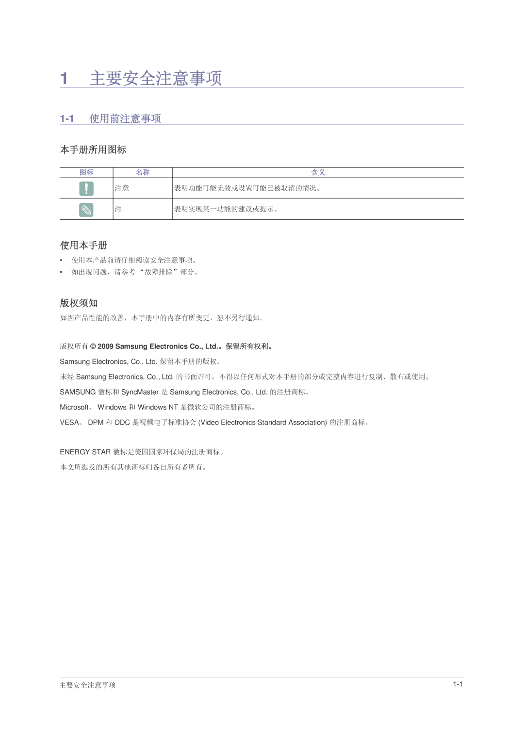 Samsung LS23NVMAB5/EN, LS23NVMAH5SEN, LS23NVMABW/ZA manual 主要安全注意事项, 1使用前注意事项, 本手册所用图标, 使用本手册, 版权须知 