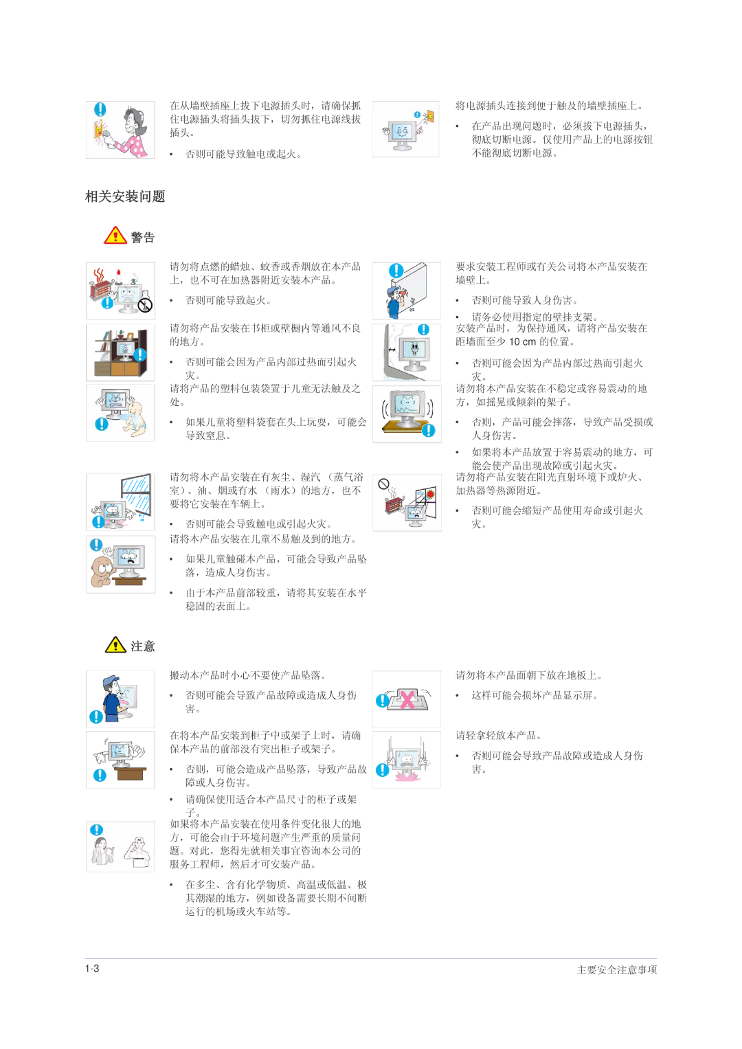 Samsung LS23NVMAB5/EN, LS23NVMAH5SEN, LS23NVMABW/ZA manual 相关安装问题, 导致窒息。 人身伤害。, 能会使产品出现故障或引起火灾。 