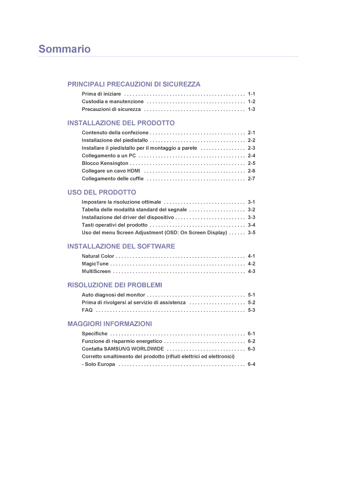 Samsung LS23NVMAB5/EN manual Sommario, Installazione DEL Prodotto 