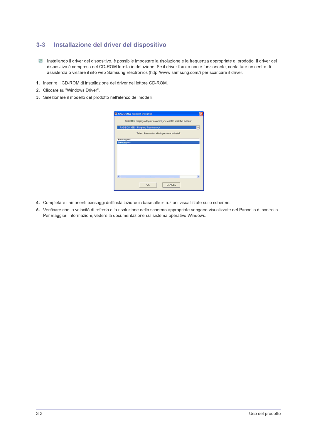 Samsung LS23NVMAB5/EN manual Installazione del driver del dispositivo 