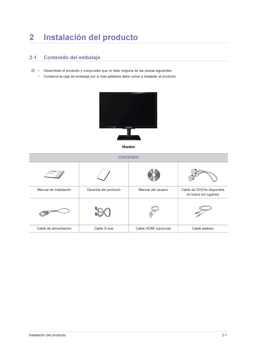 Samsung LS23NVMAB5/EN manual Instalación del producto, Contenido del embalaje 