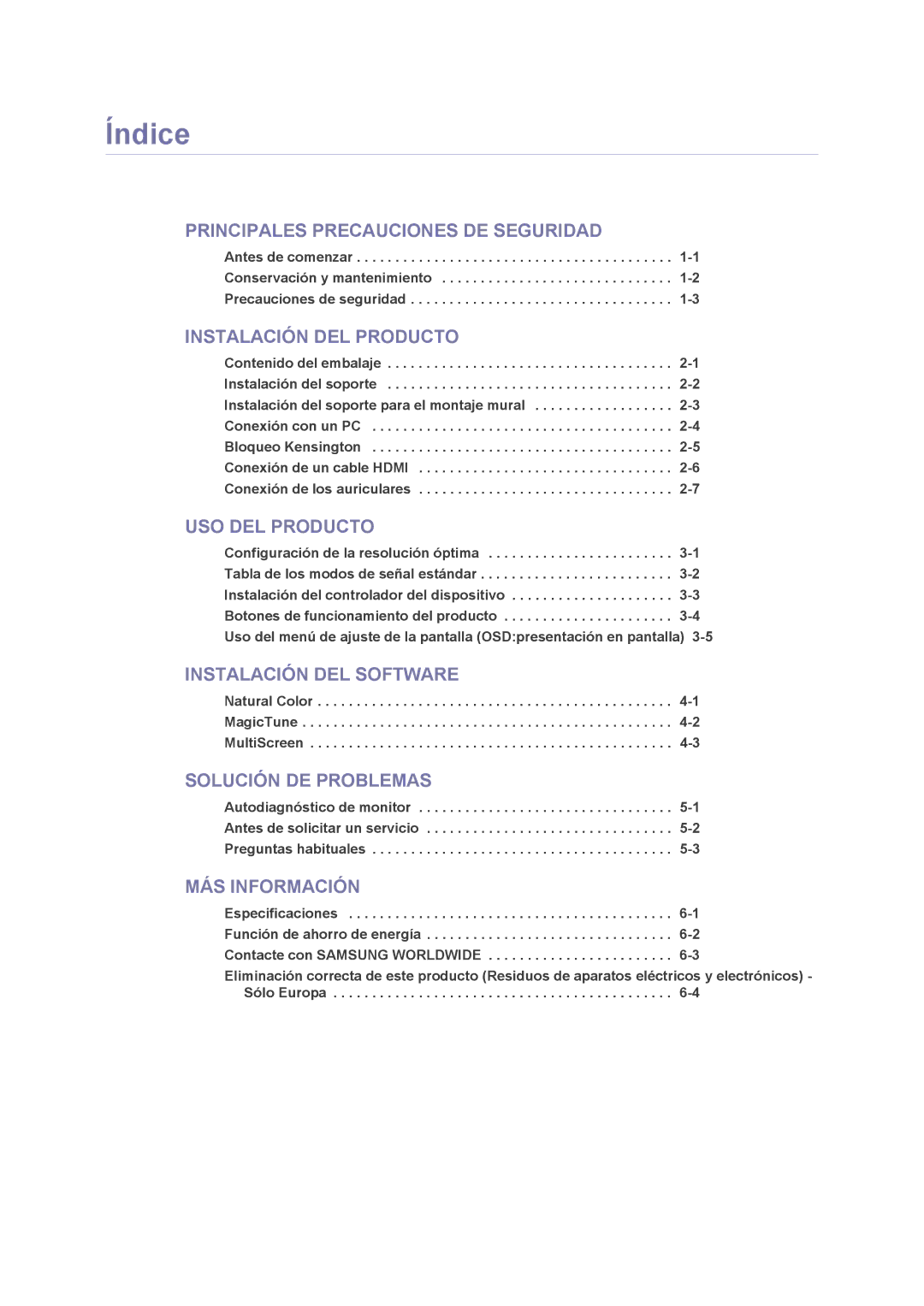 Samsung LS23NVMAB5/EN manual Índice, Instalación DEL Producto 