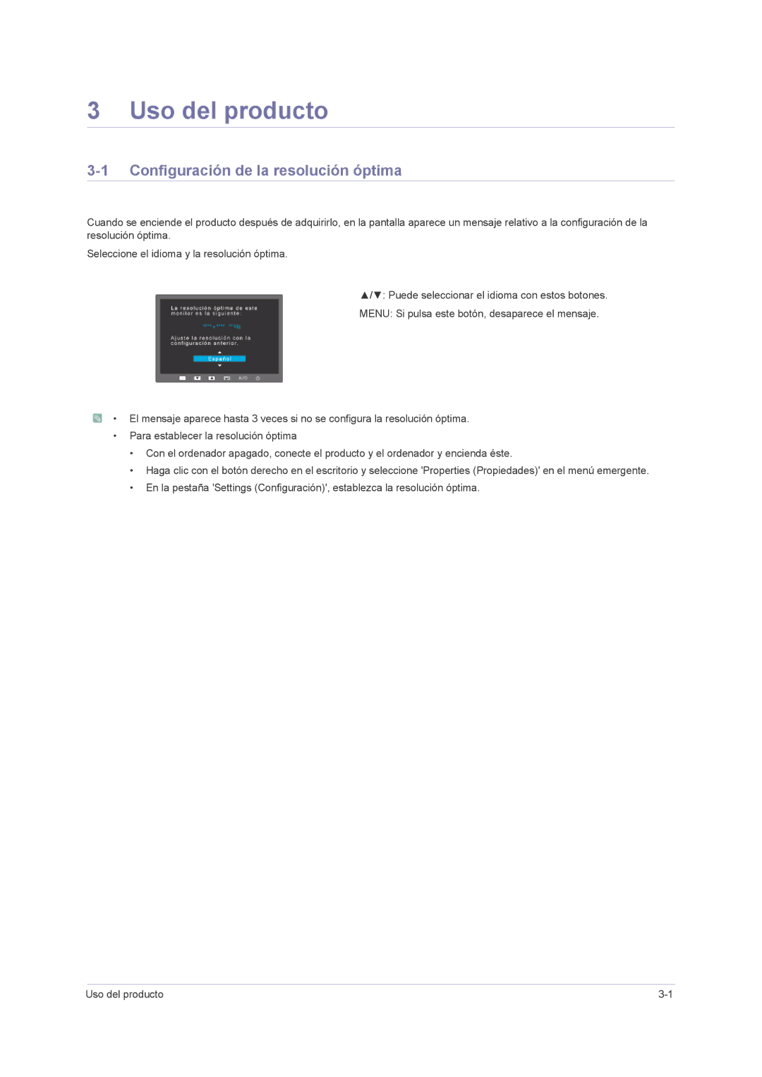 Samsung LS23NVMAB5/EN manual Uso del producto, Configuración de la resolución óptima 