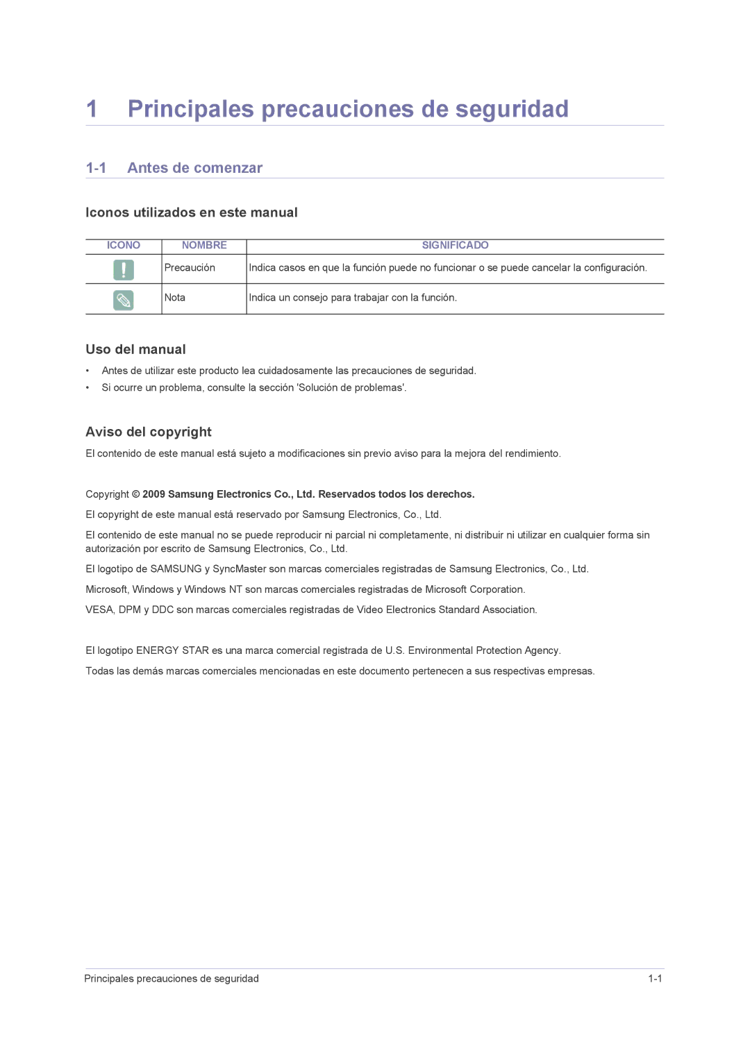 Samsung LS23NVMAB5/EN Principales precauciones de seguridad, Antes de comenzar, Iconos utilizados en este manual 