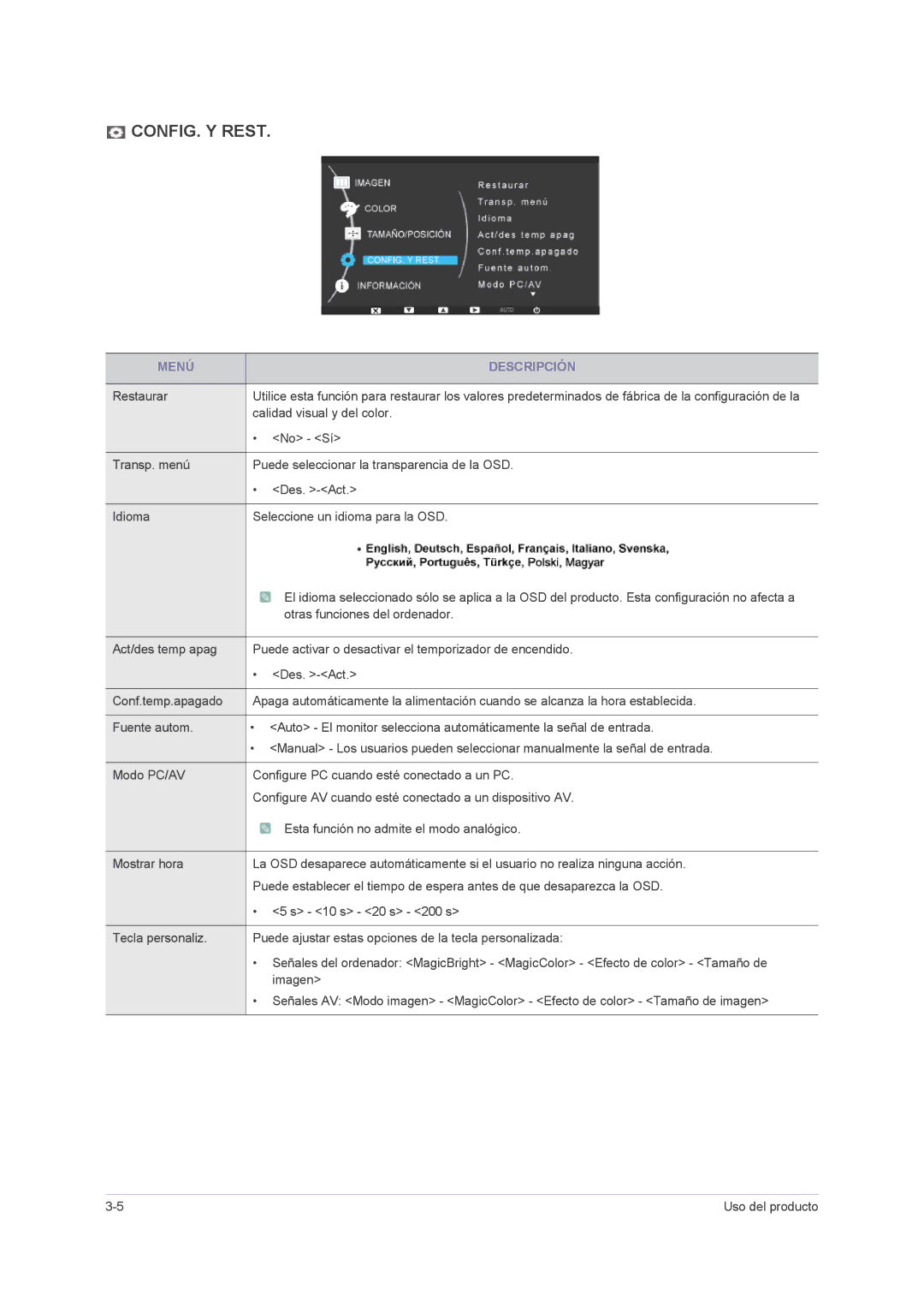 Samsung LS23NVMAB5/EN manual CONFIG. Y Rest 