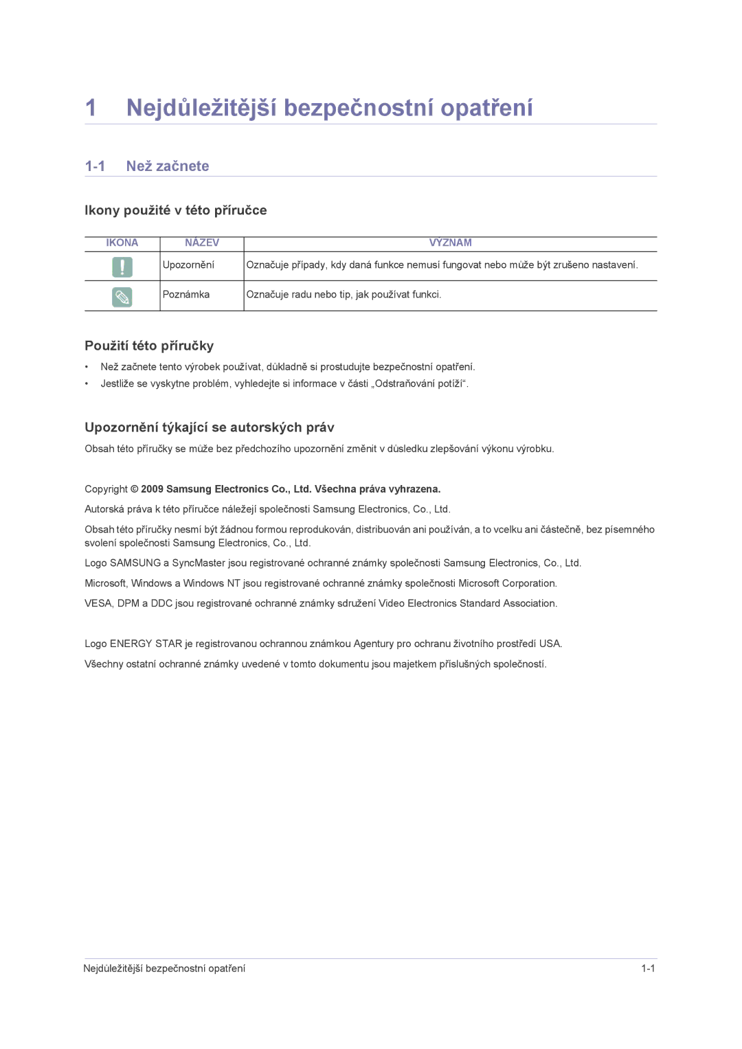 Samsung LS23NVMAB5/EN manual Nejdůležitější bezpečnostní opatření, Než začnete, Ikony použité v této příručce 