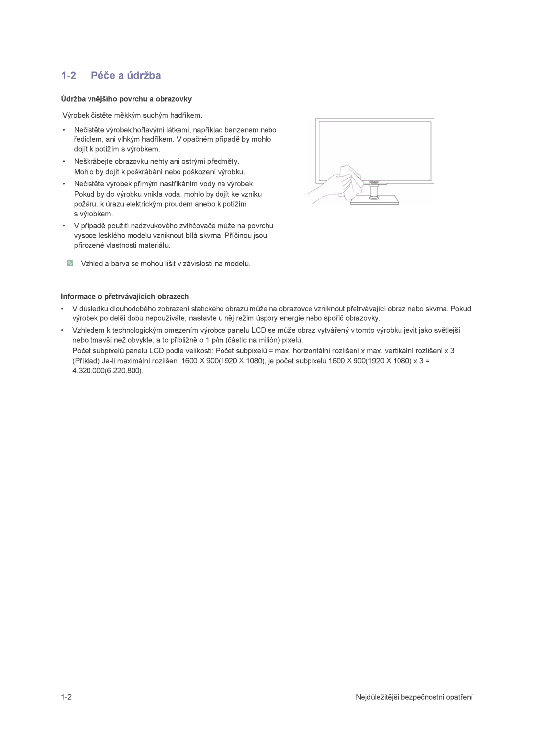 Samsung LS23NVMAB5/EN manual Péče a údržba, Údržba vnějšího povrchu a obrazovky, Informace o přetrvávajících obrazech 