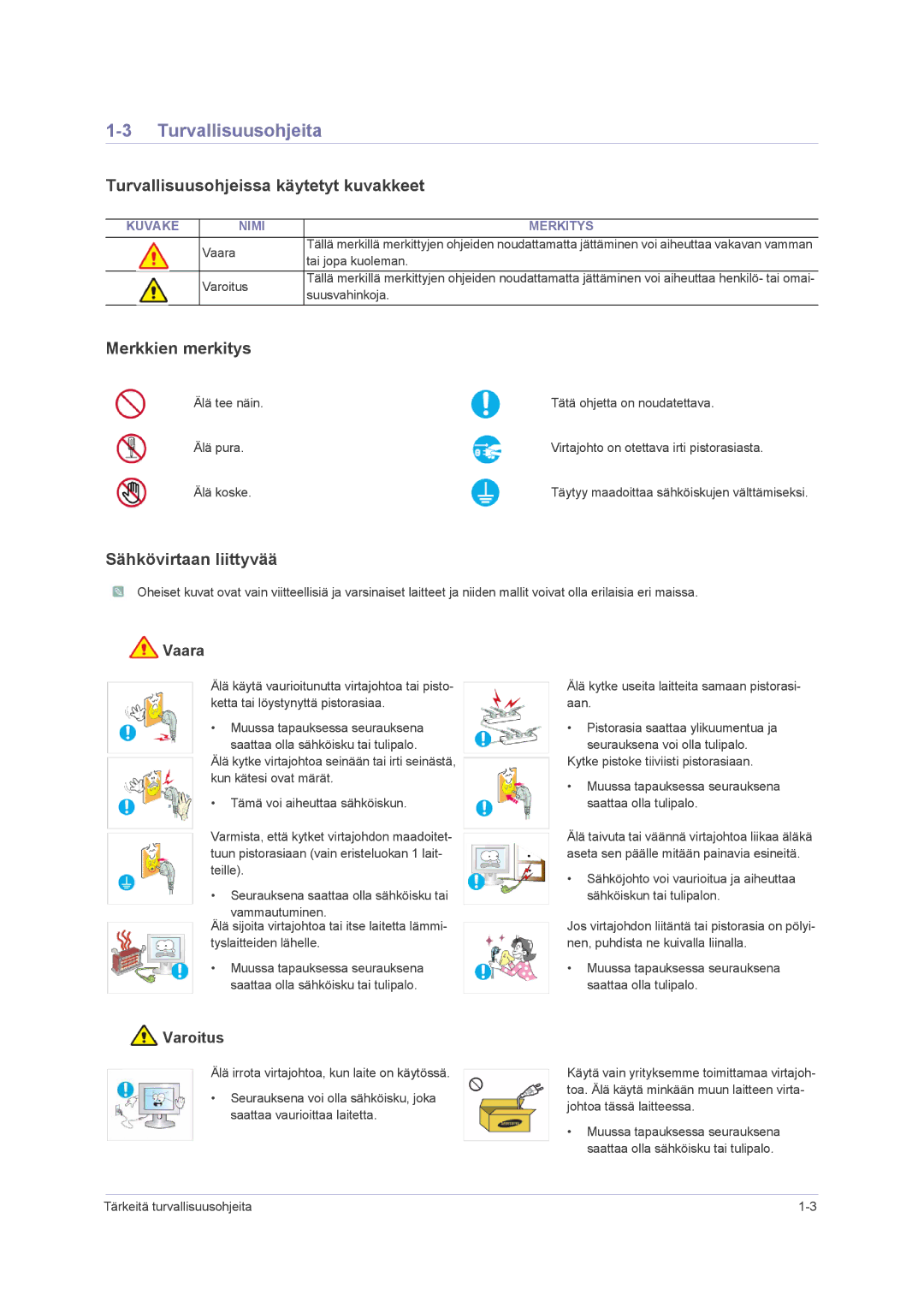 Samsung LS23NVMAB5/EN manual Turvallisuusohjeita, Turvallisuusohjeissa käytetyt kuvakkeet, Merkkien merkitys 