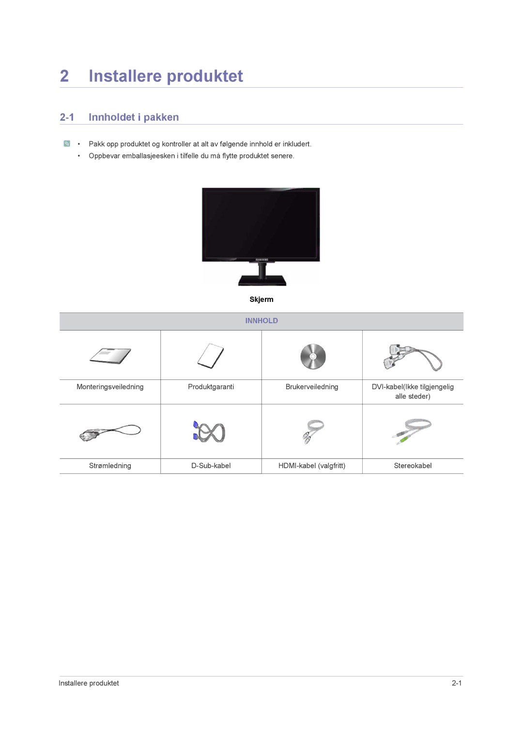 Samsung LS23NVMAB5/EN manual Installere produktet, Innholdet i pakken 