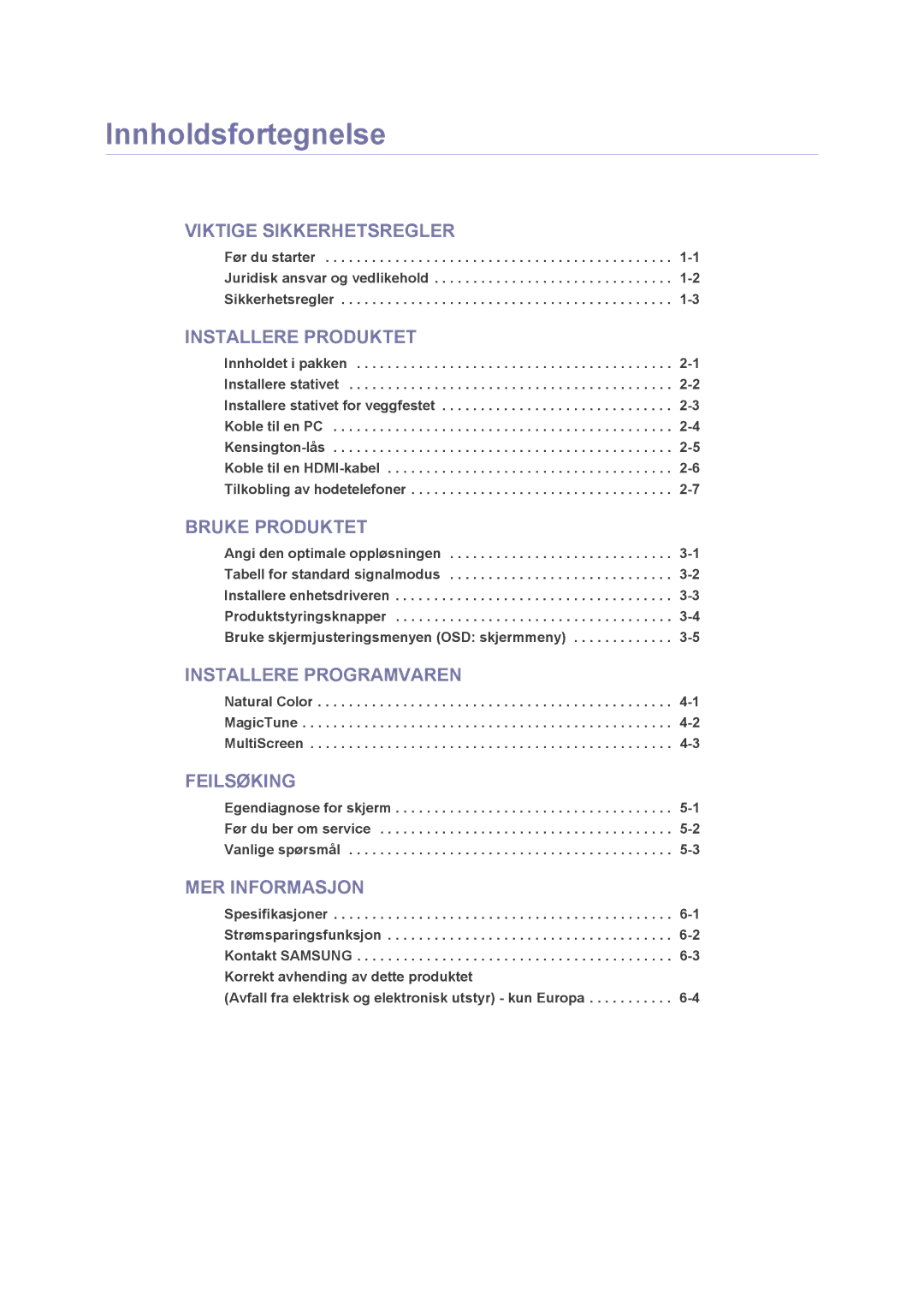 Samsung LS23NVMAB5/EN manual Innholdsfortegnelse, Installere Produktet 