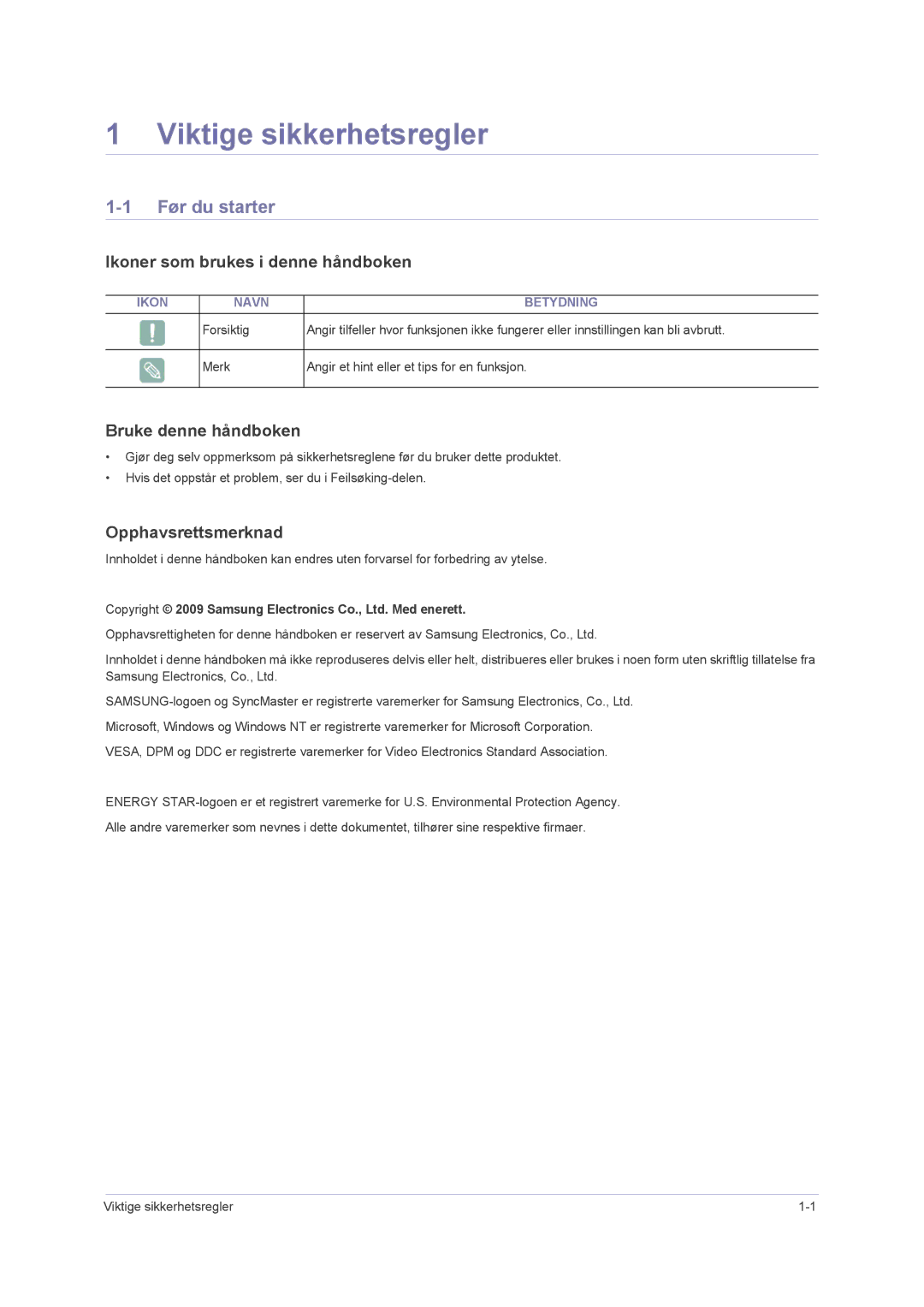 Samsung LS23NVMAB5/EN Viktige sikkerhetsregler, Før du starter, Ikoner som brukes i denne håndboken, Bruke denne håndboken 