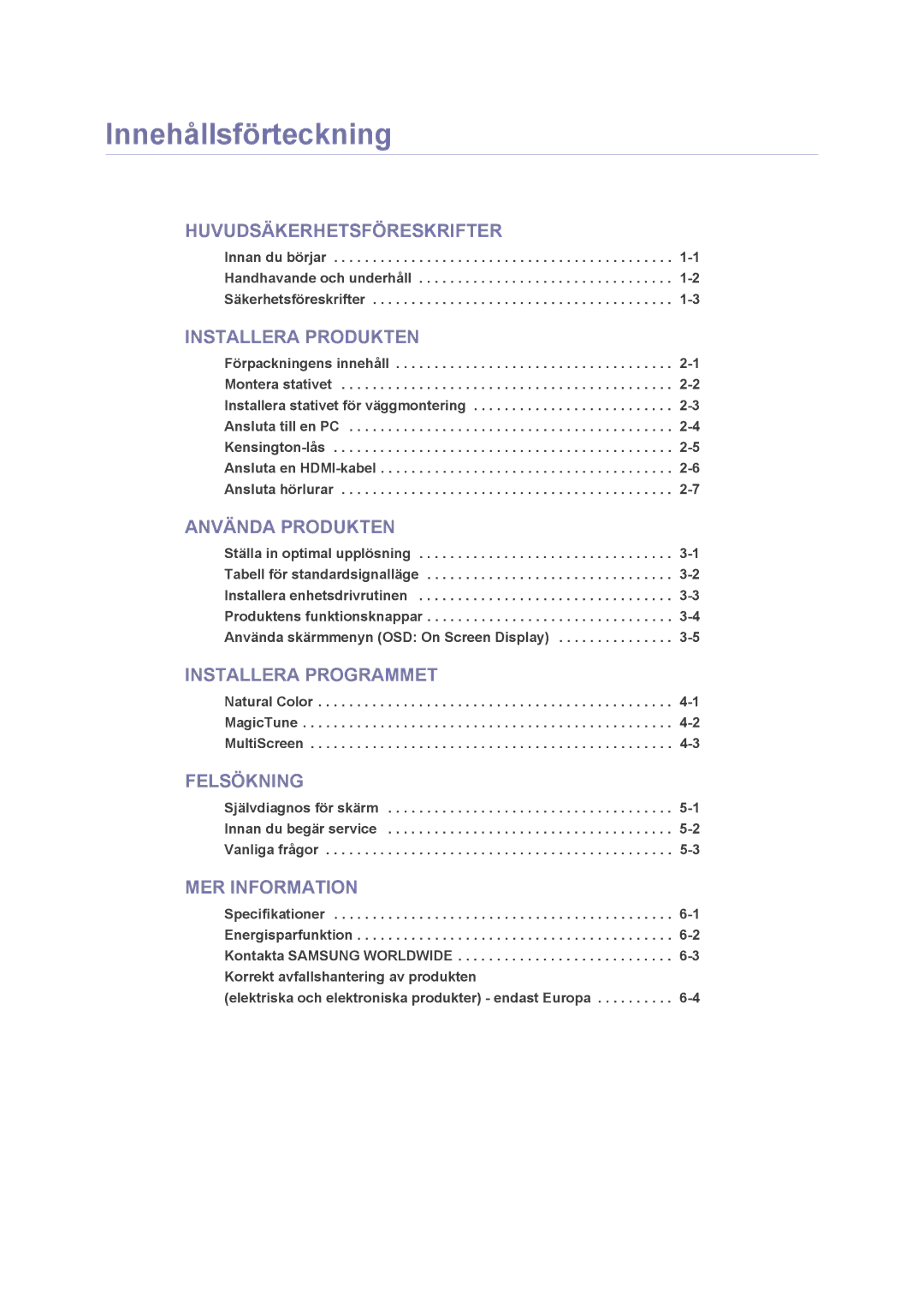 Samsung LS23NVMAB5/EN manual Innehållsförteckning, Installera Produkten 