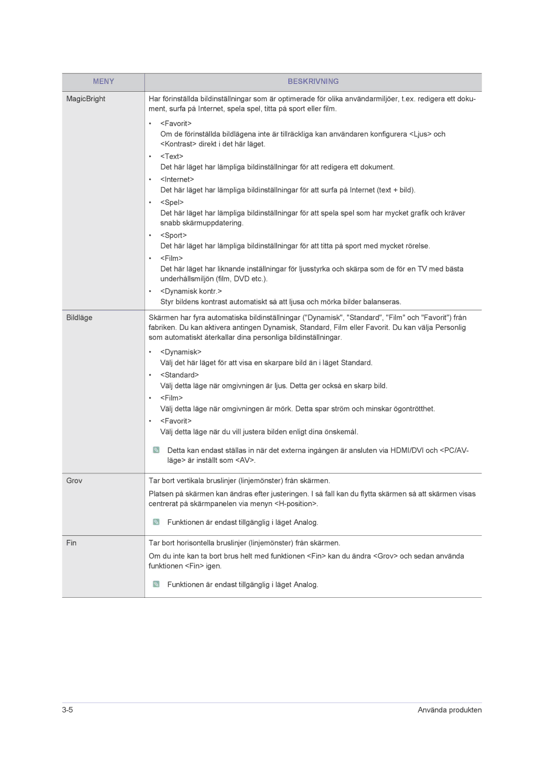 Samsung LS23NVMAB5/EN manual Meny Beskrivning 