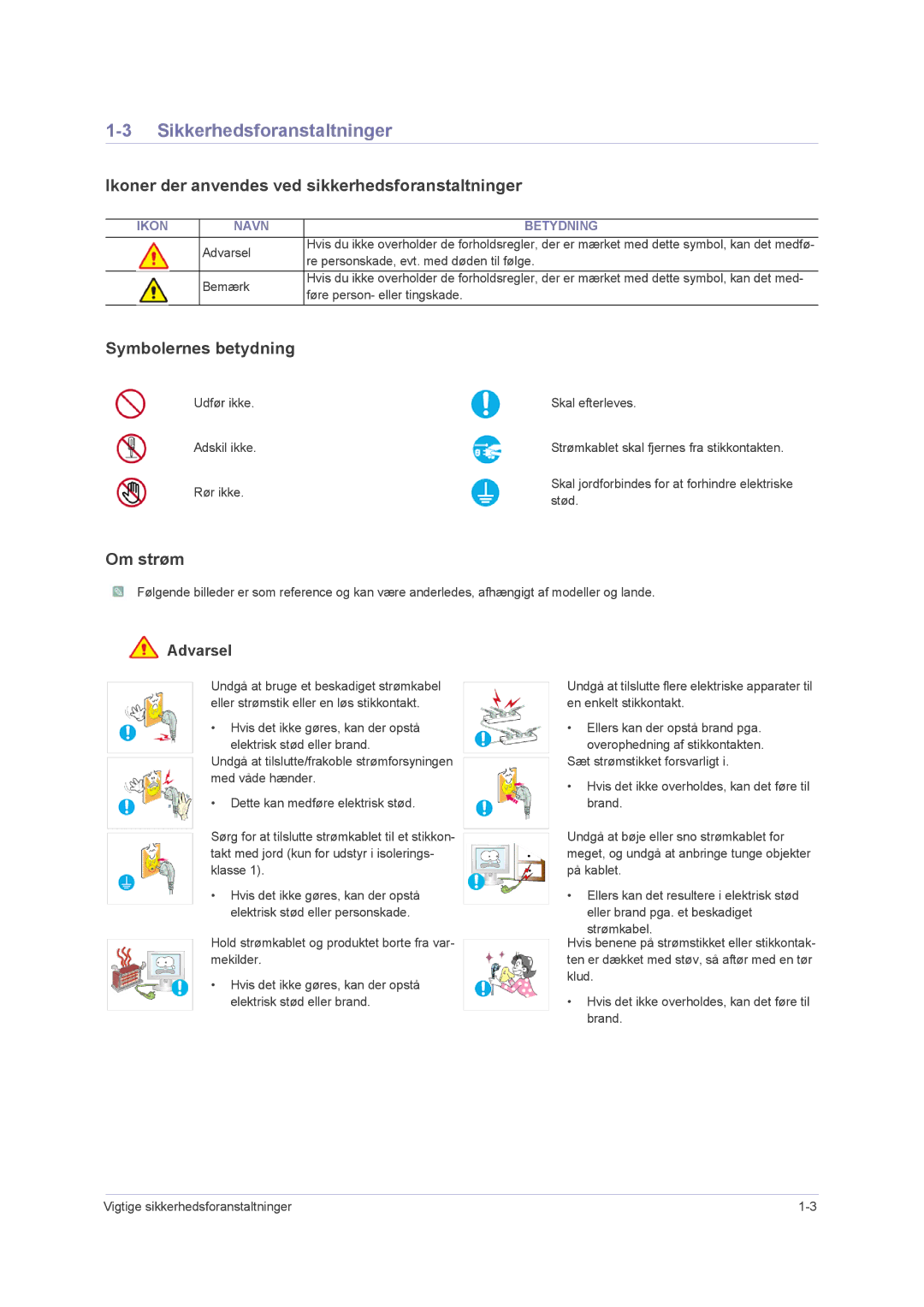 Samsung LS23NVMAB5/EN manual Sikkerhedsforanstaltninger, Ikoner der anvendes ved sikkerhedsforanstaltninger, Om strøm 