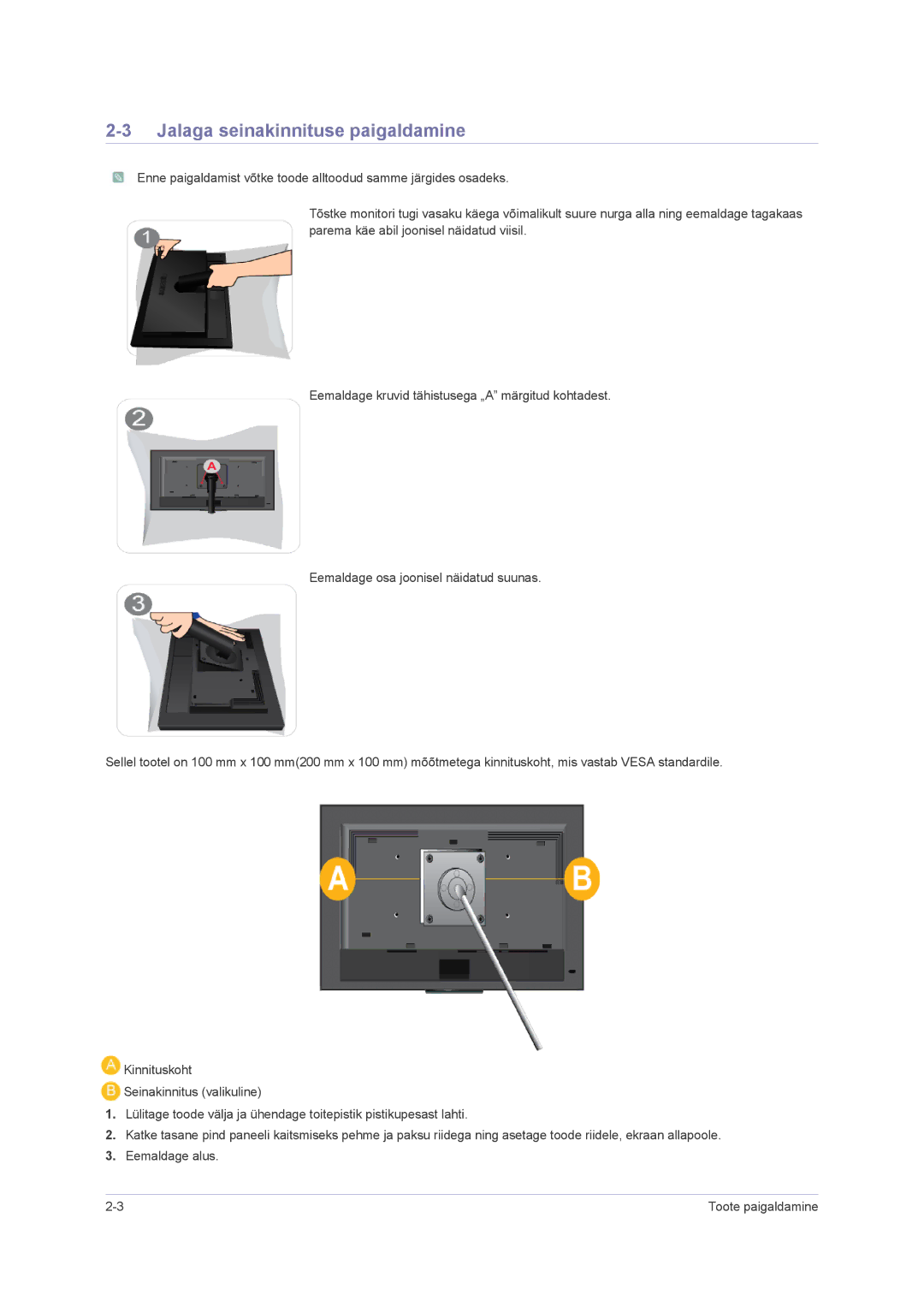 Samsung LS23NVMAB5/EN manual Jalaga seinakinnituse paigaldamine 