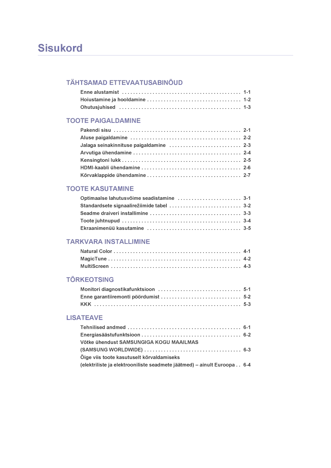 Samsung LS23NVMAB5/EN manual Sisukord, Toote Paigaldamine 