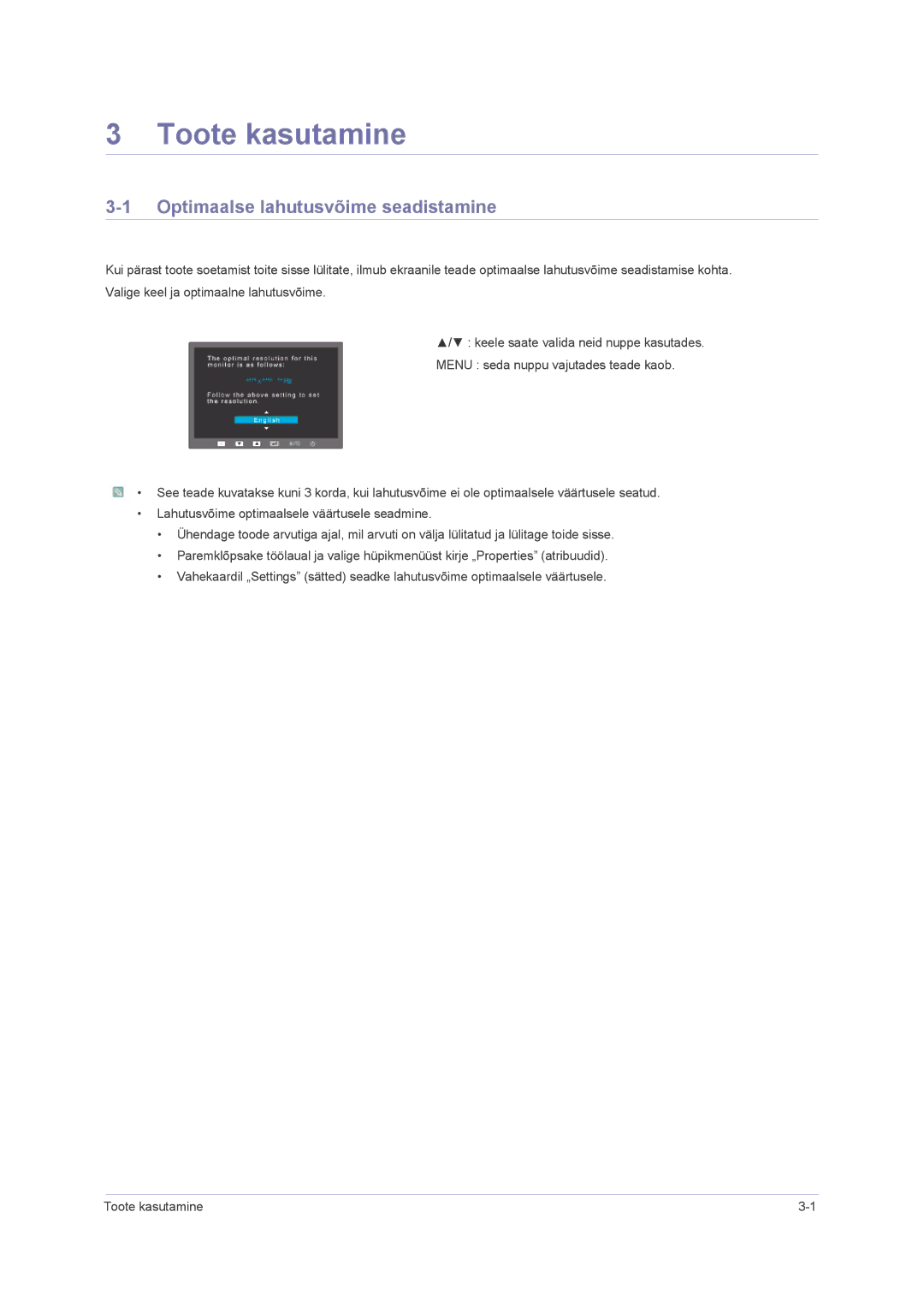 Samsung LS23NVMAB5/EN manual Toote kasutamine, Optimaalse lahutusvõime seadistamine 