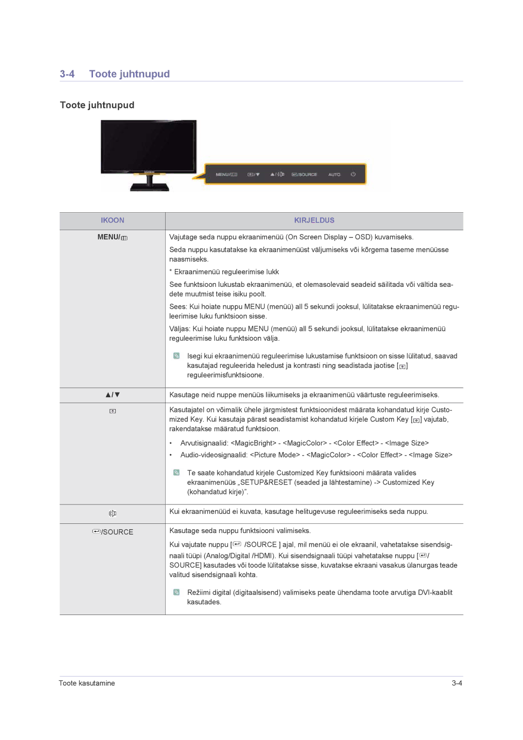 Samsung LS23NVMAB5/EN manual Toote juhtnupud, Ikoon Kirjeldus 