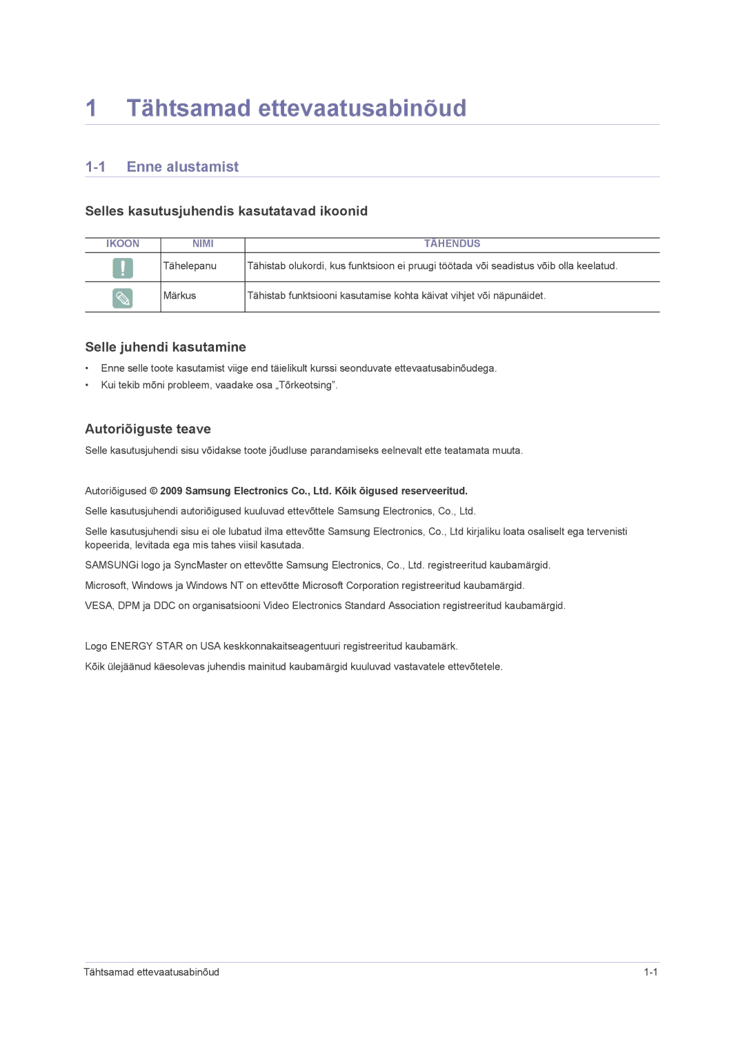 Samsung LS23NVMAB5/EN manual Tähtsamad ettevaatusabinõud, Enne alustamist, Selles kasutusjuhendis kasutatavad ikoonid 