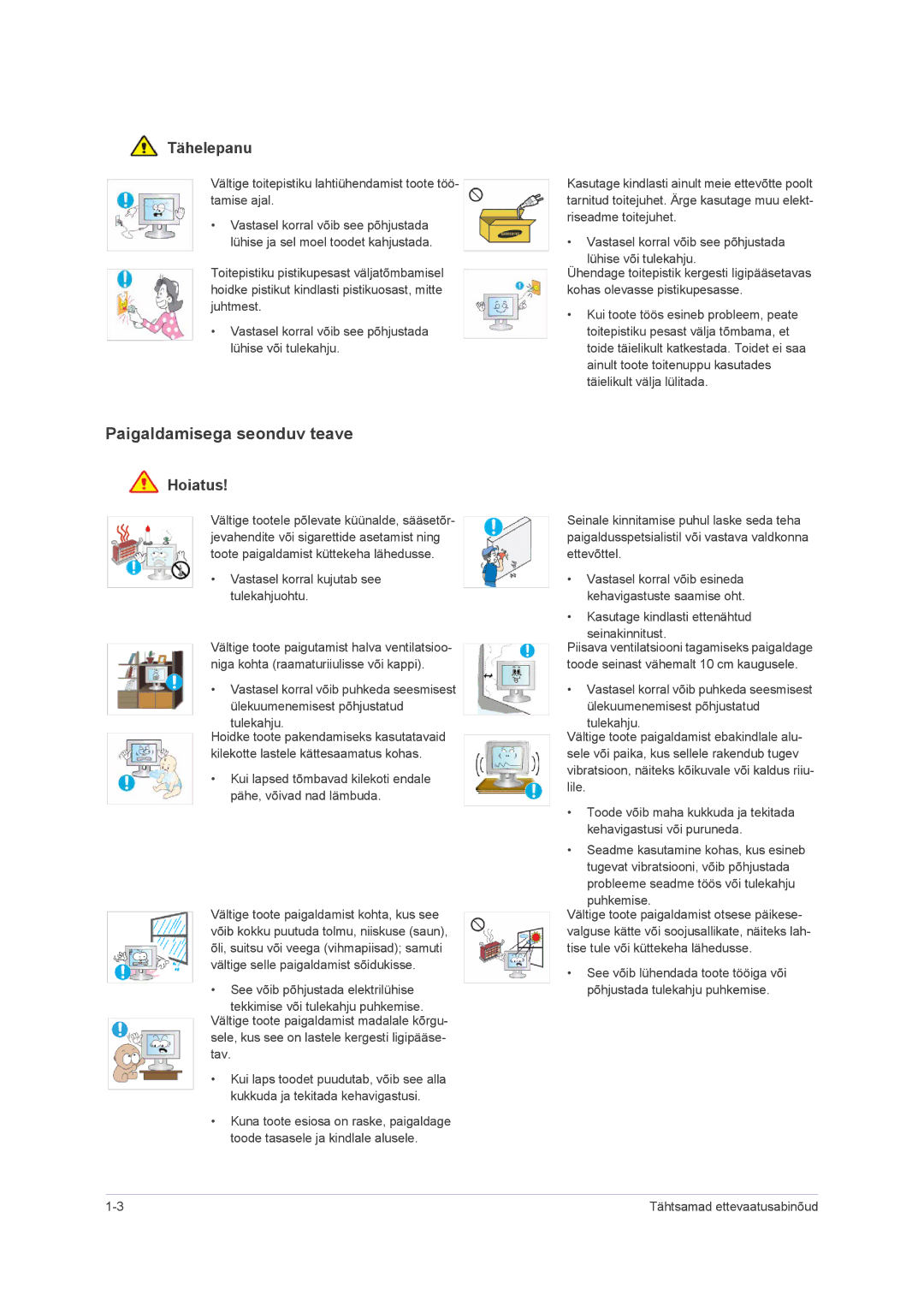 Samsung LS23NVMAB5/EN manual Paigaldamisega seonduv teave, Tähelepanu 