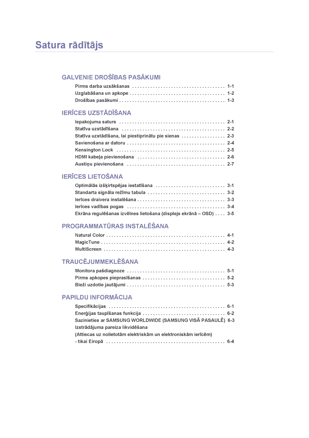 Samsung LS23NVMAB5/EN manual Satura rādītājs, Ierīces Uzstādīšana 