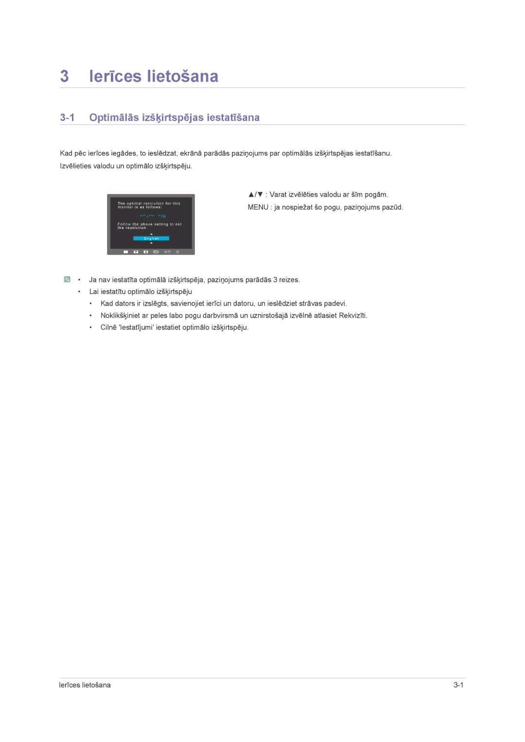 Samsung LS23NVMAB5/EN manual Ierīces lietošana, Optimālās izšķirtspējas iestatīšana 