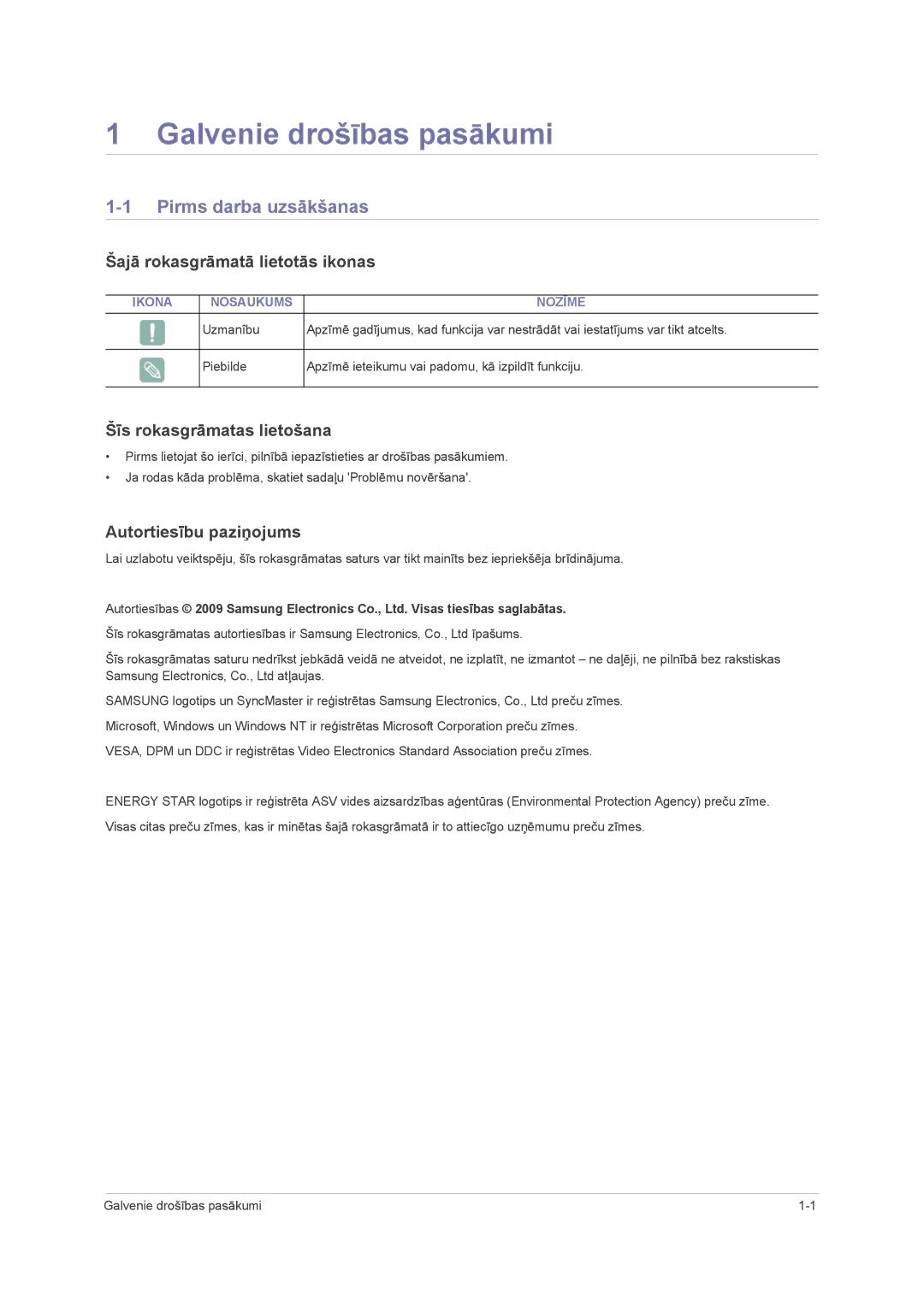 Samsung LS23NVMAB5/EN manual Galvenie drošības pasākumi, Pirms darba uzsākšanas, Šajā rokasgrāmatā lietotās ikonas 