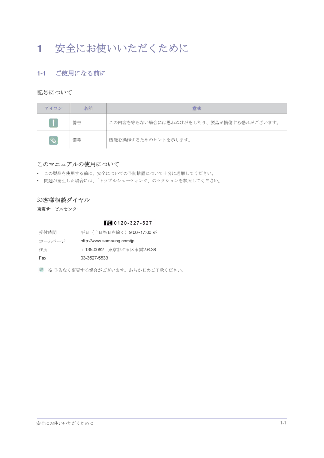 Samsung LS23NVMAH5/XJ manual 安全にお使いいただくために, 1ご使用になる前に, 記号について, このマニュアルの使用について, お客様相談ダイヤル 