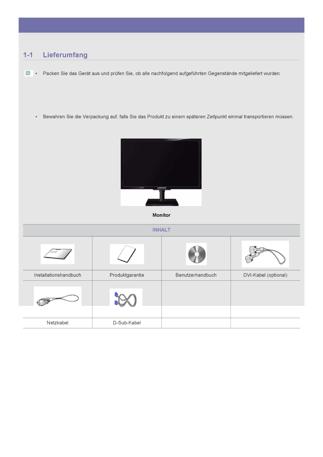 Samsung LS23NVTABW/EN, LS20NVTABW/EN manual Lieferumfang, Inhalt 