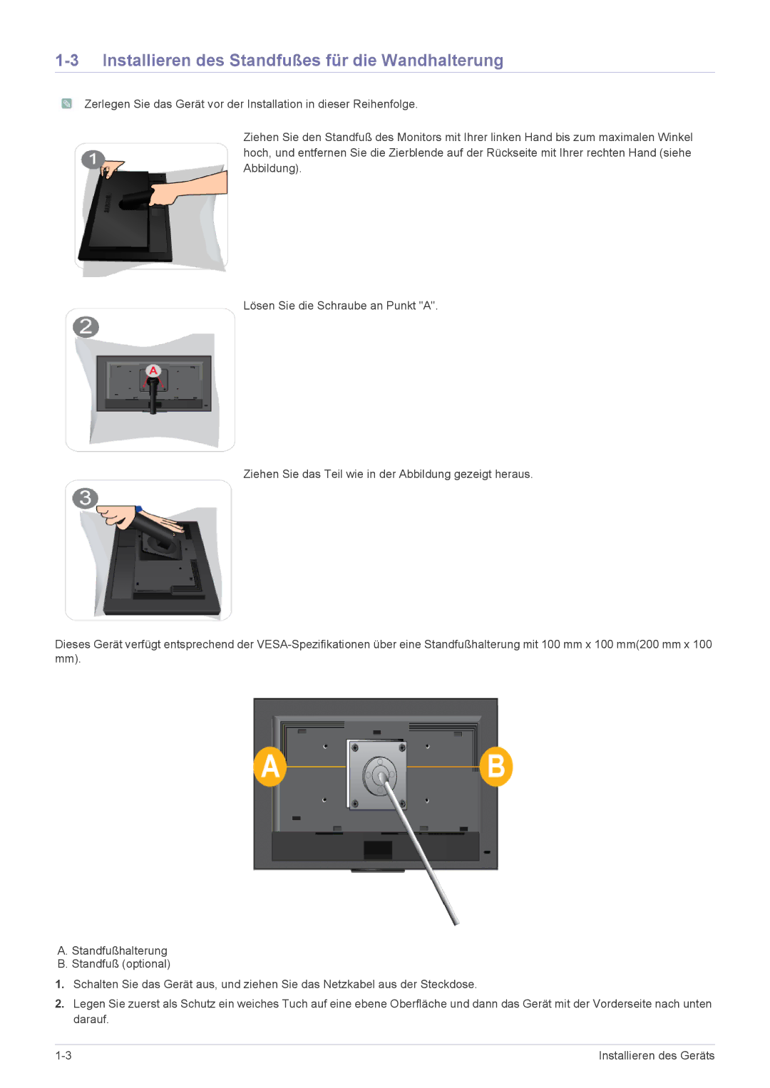 Samsung LS20NVTABW/EN, LS23NVTABW/EN manual Installieren des Standfußes für die Wandhalterung 