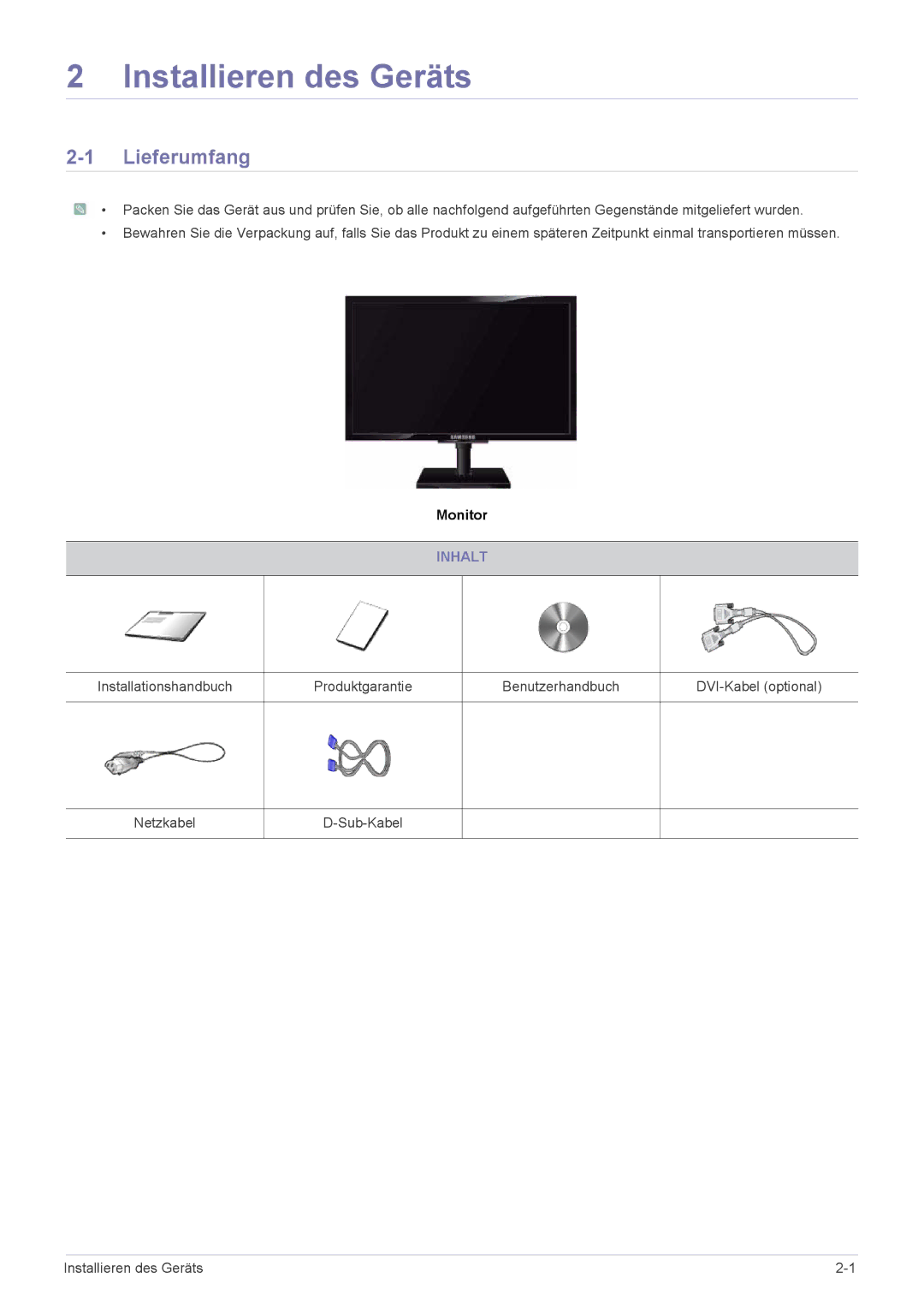 Samsung LS20NVTABW/EN, LS23NVTABW/EN manual Installieren des Geräts, Lieferumfang, Inhalt 