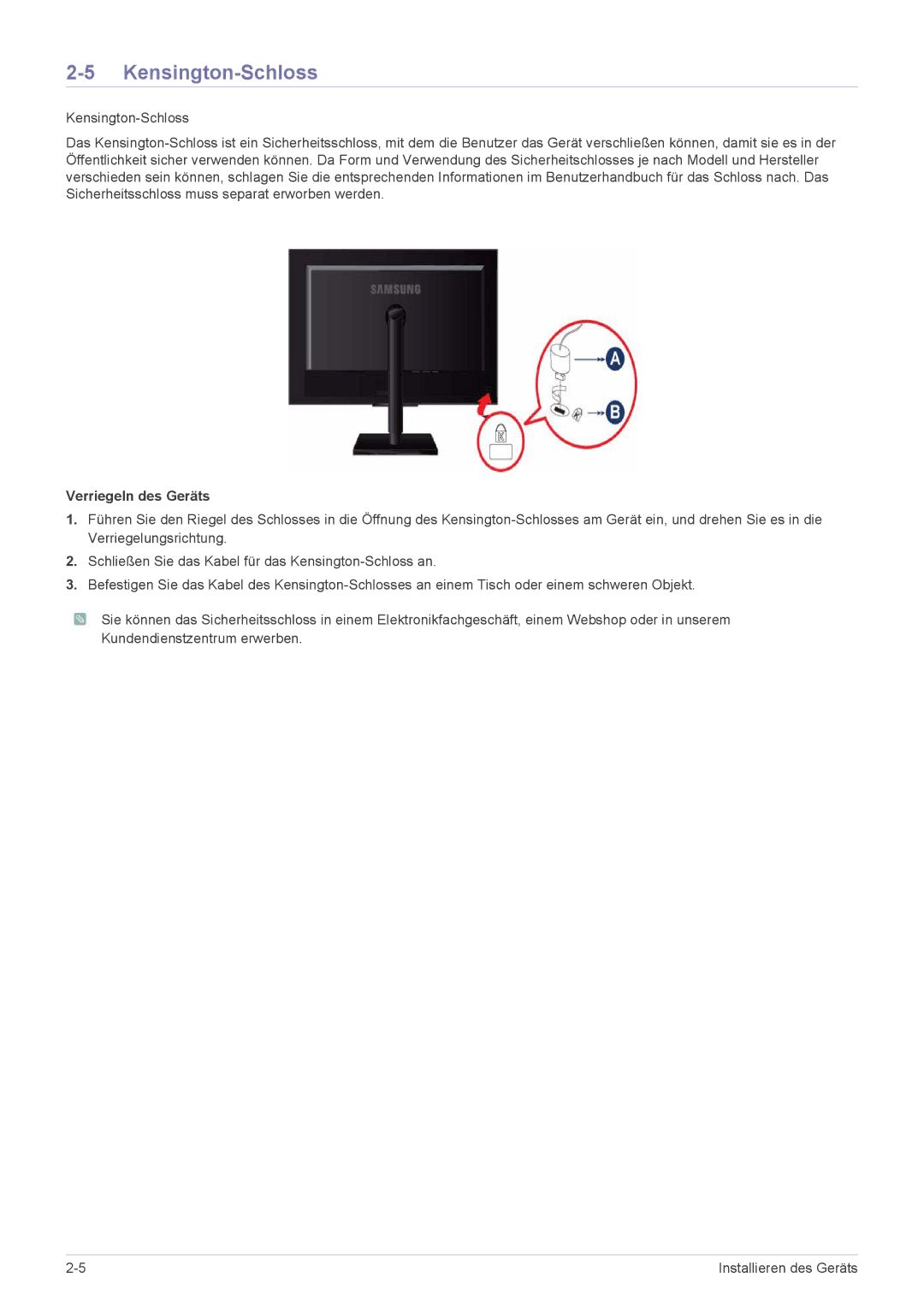 Samsung LS23NVTABW/EN, LS20NVTABW/EN manual Kensington-Schloss, Verriegeln des Geräts 