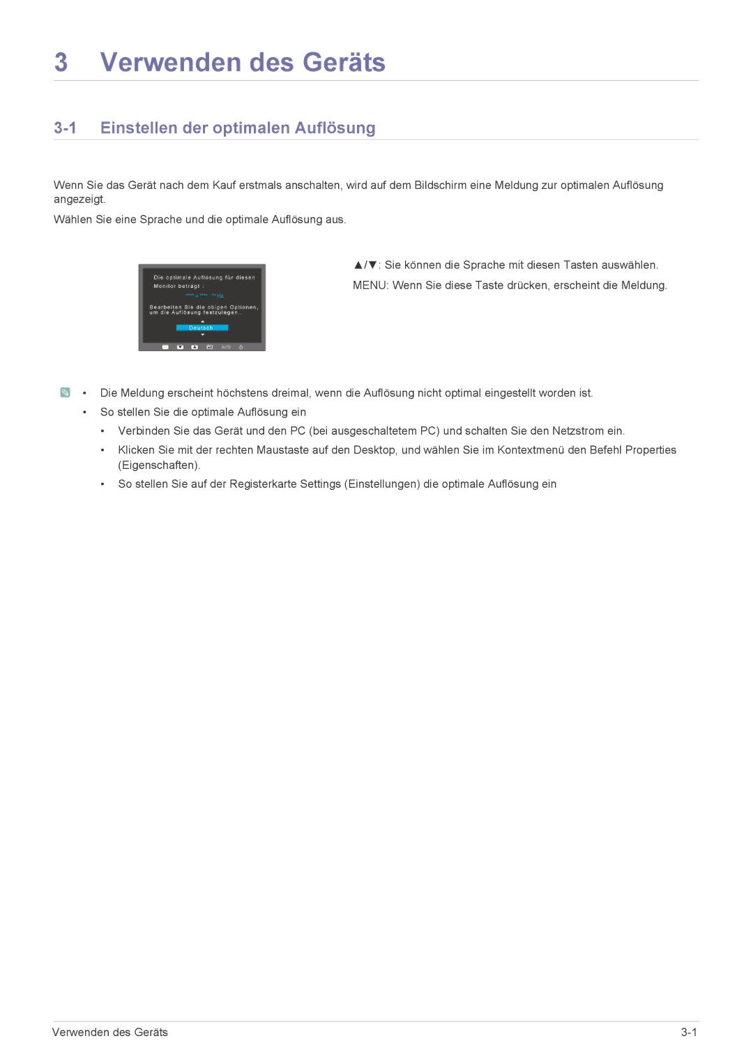 Samsung LS20NVTABW/EN, LS23NVTABW/EN manual Verwenden des Geräts, Einstellen der optimalen Auflösung 