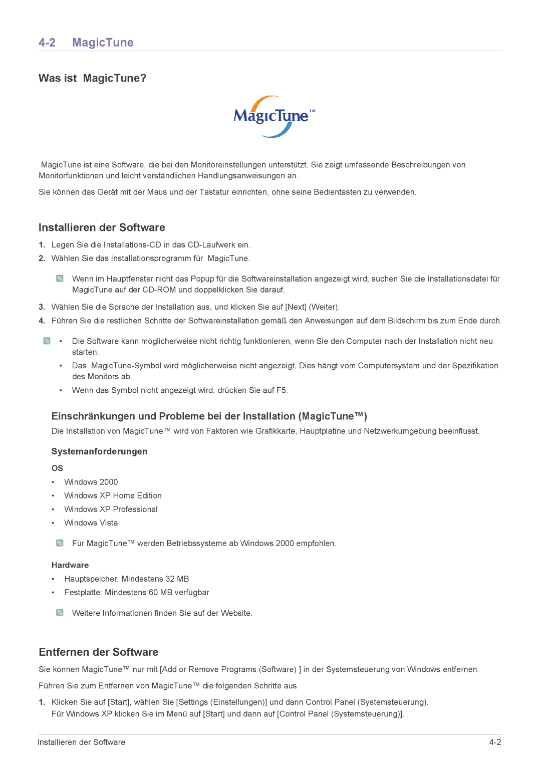 Samsung LS20NVTABW/EN, LS23NVTABW/EN Was ist MagicTune?, Installieren der Software, Entfernen der Software, Hardware 