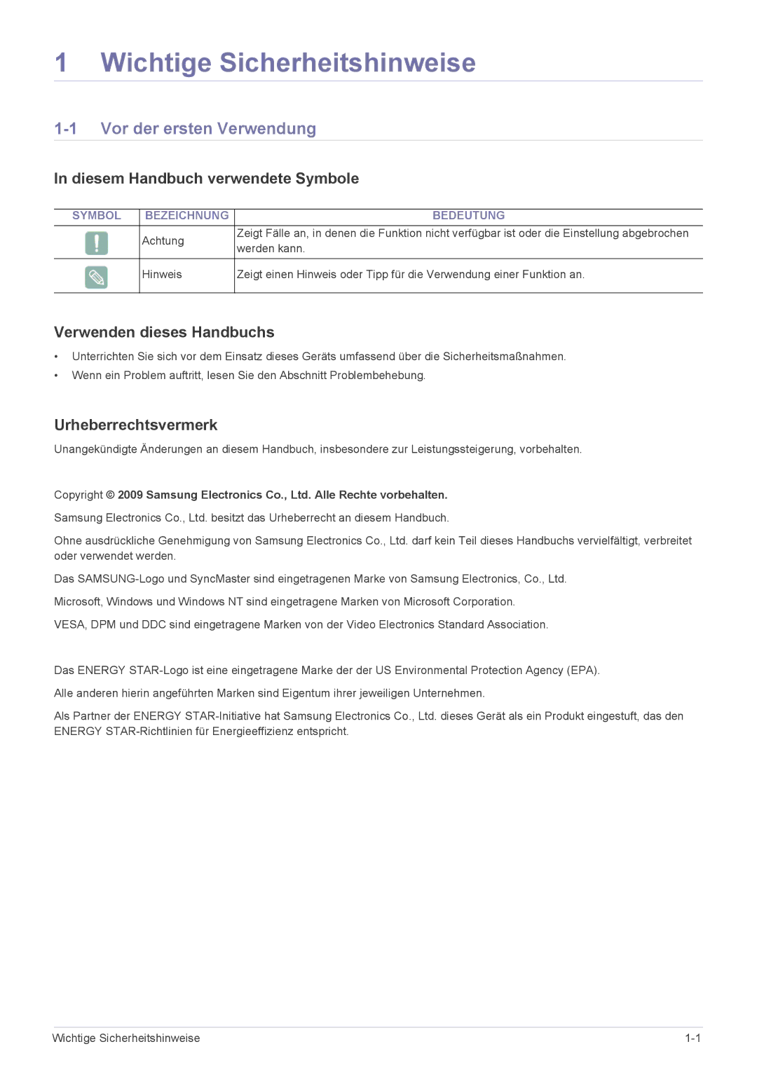 Samsung LS20NVTABW/EN manual Wichtige Sicherheitshinweise, Vor der ersten Verwendung, Diesem Handbuch verwendete Symbole 