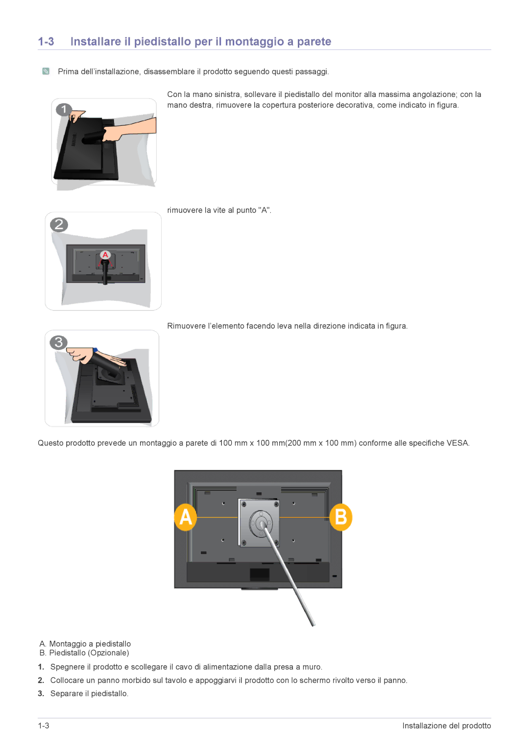 Samsung LS20NVTABW/EN, LS23NVTABW/EN manual Installare il piedistallo per il montaggio a parete 